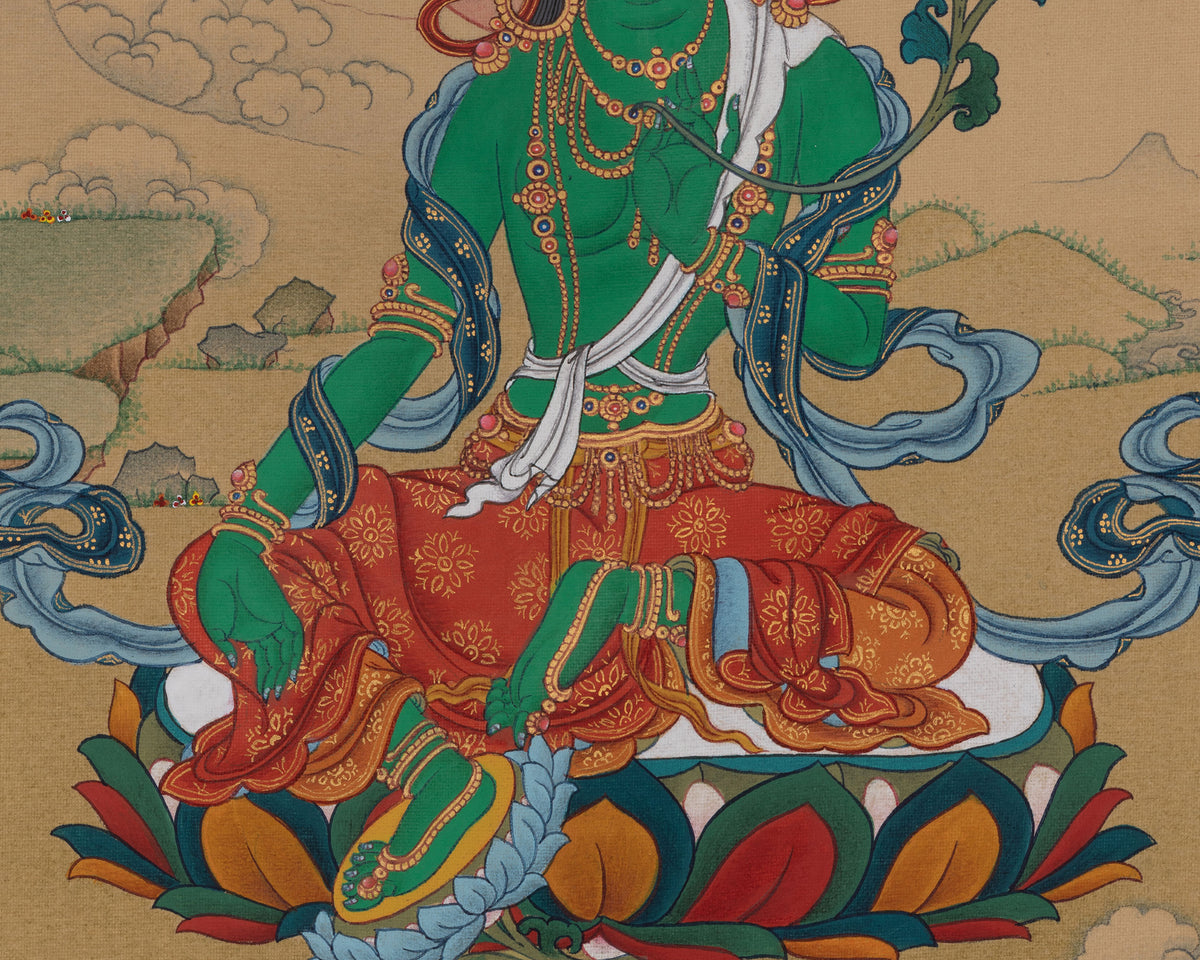 Green Tara with Amitabha Buddha Artwork | Embodies Swift Compassion | Infinite Light