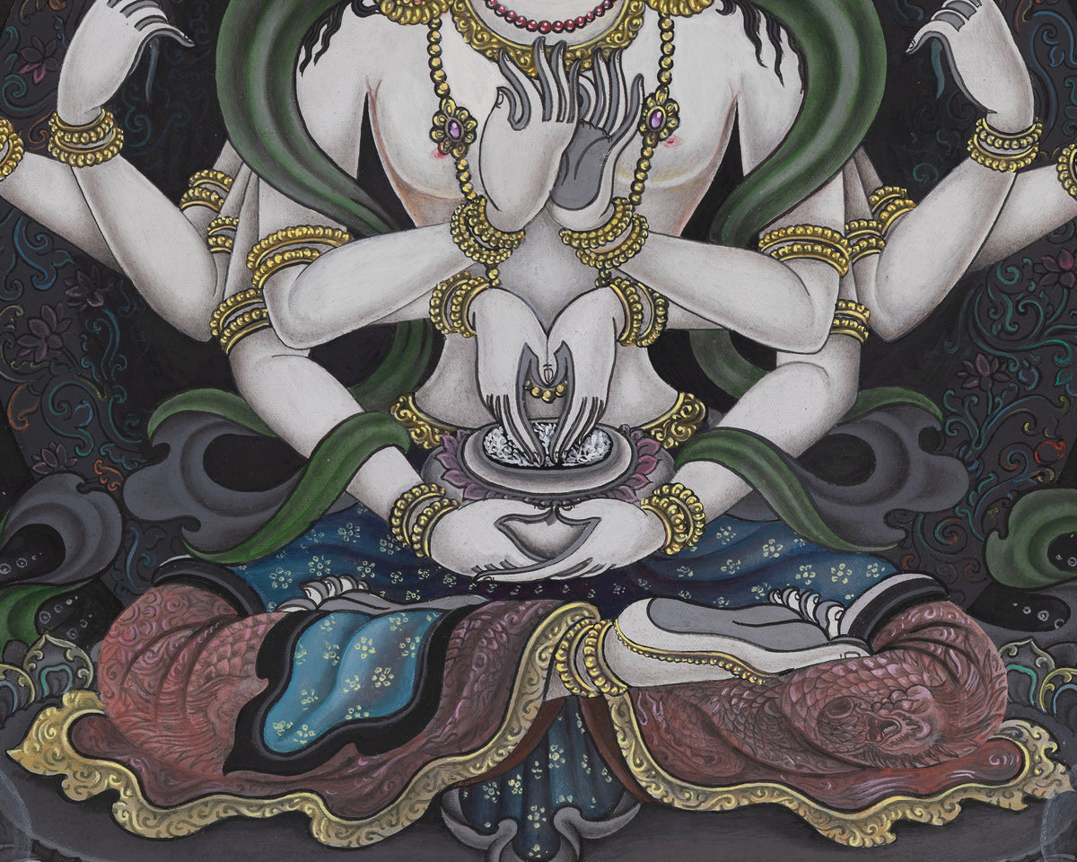 Newari Black and White Arya Manjushri Thangka | Wisdom Buddhist Art