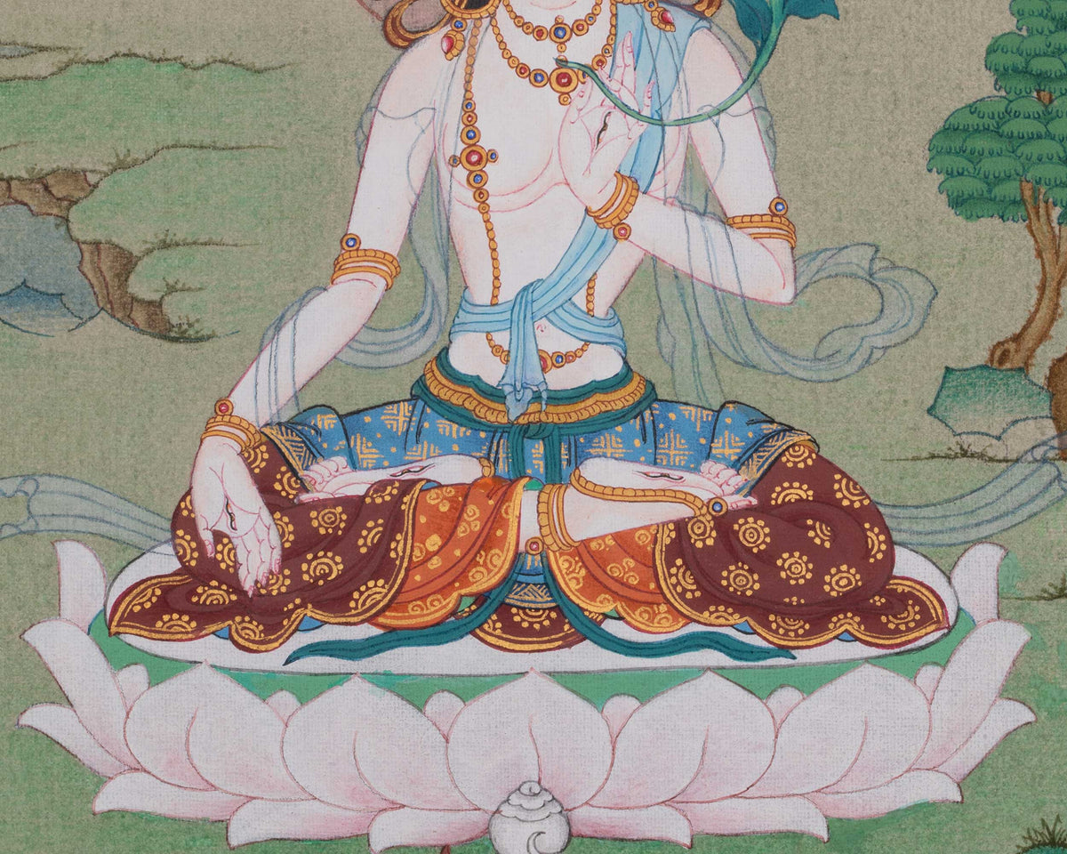 White Tara Healing Goddess Art | Drolkar Thangka | Healing and Longevity Deity