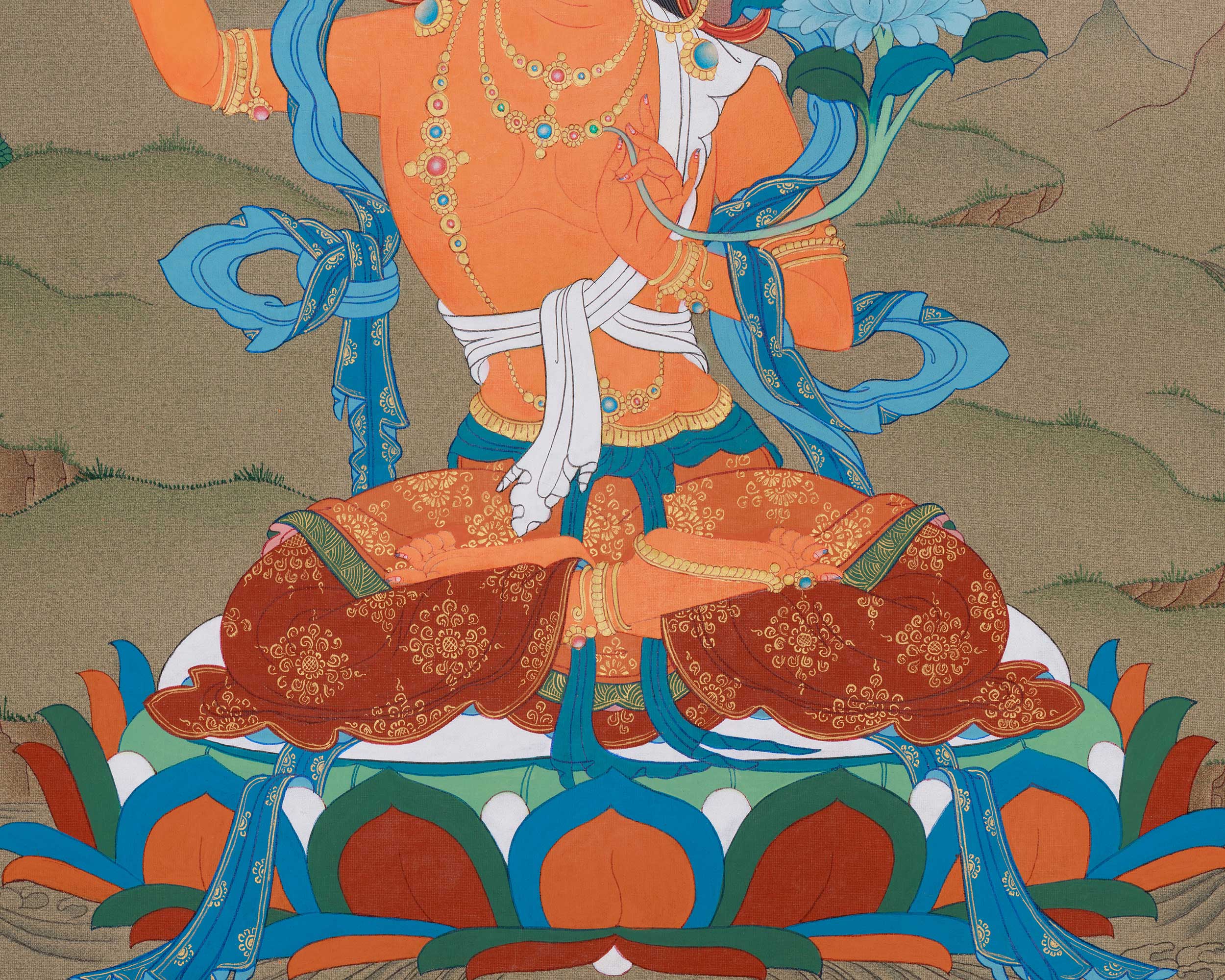 Traditional Handmade Bodhisattva Manjushri Thangka | Embodiment of Learning and Enlightened Mind