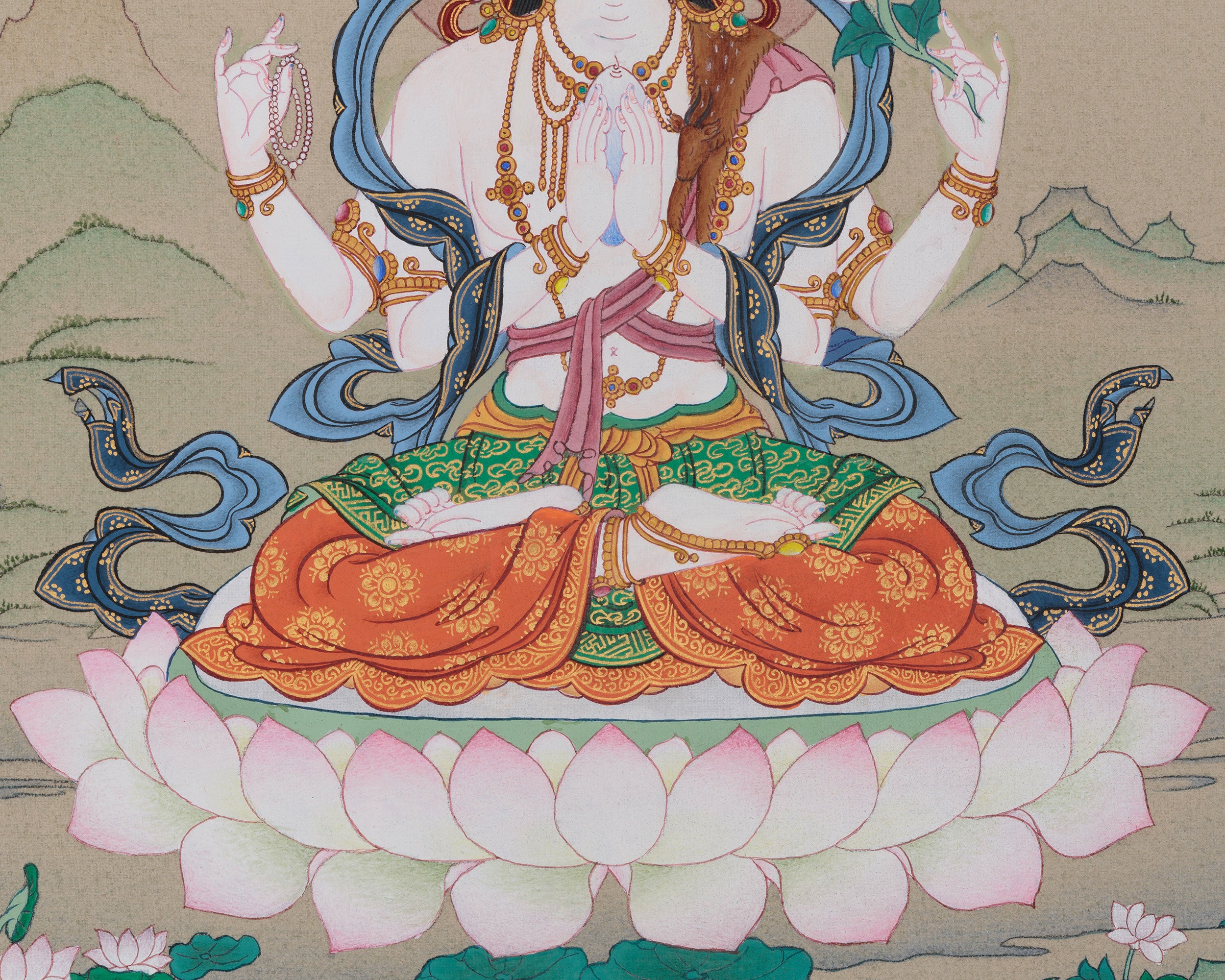 Original Hand-Painted Four-Armed Chenrezig Thangka | Avalokiteshvara Artwork