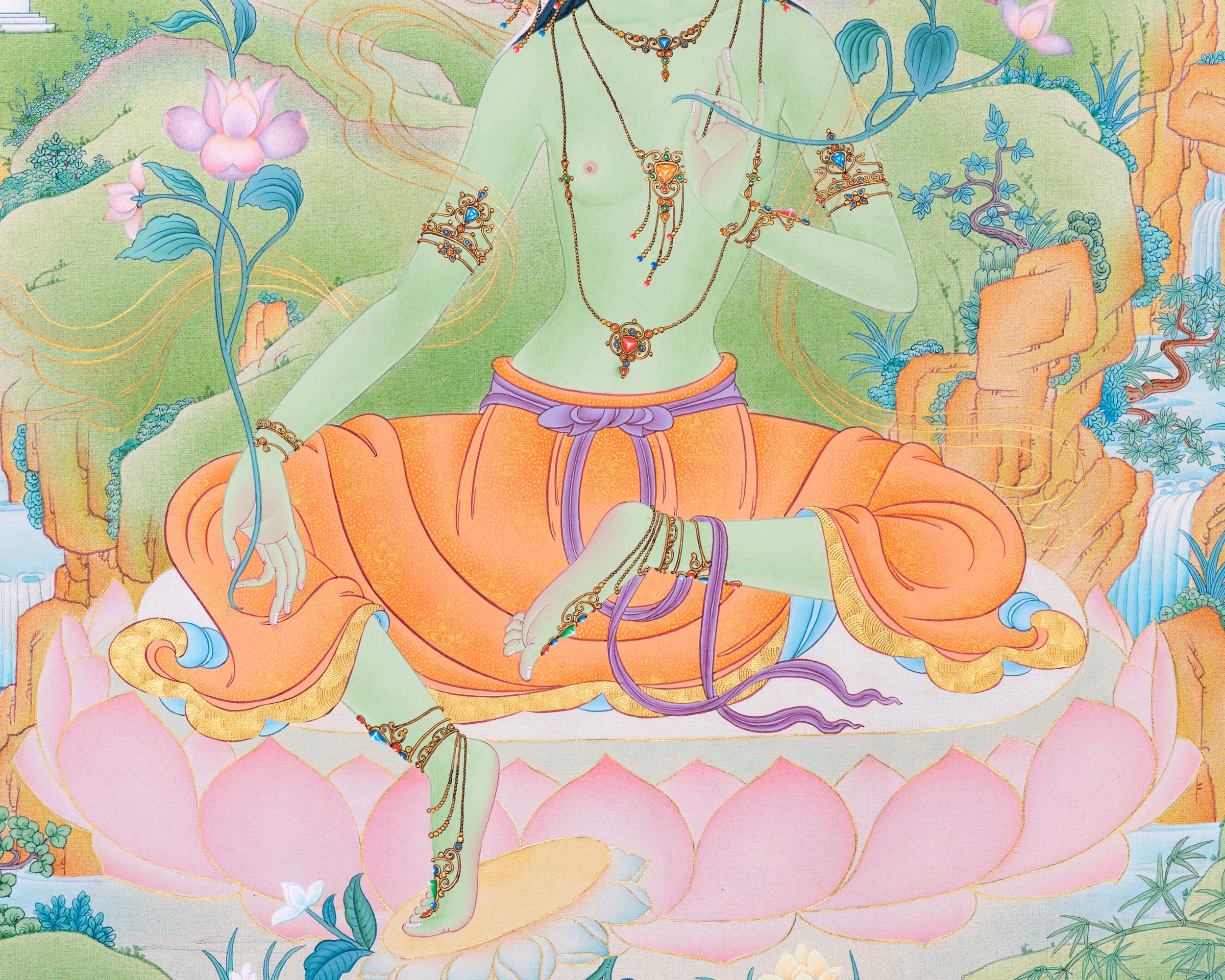 Green Tara Goddess Thangka | Hand-Painted Mother Tara Thangka For Mindfulness