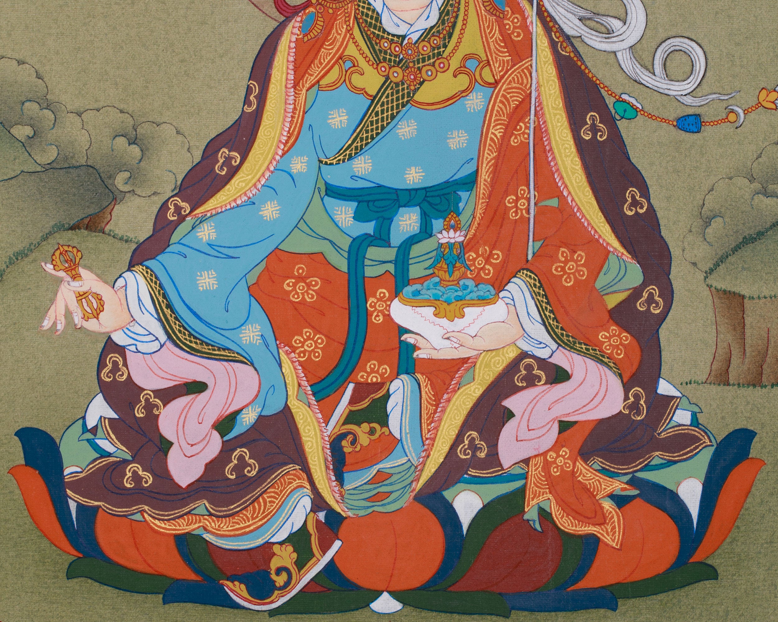 Tibetan Guru Rinpoche Painting with Brocade | Padmasambhava, the Second Buddha of Tibet