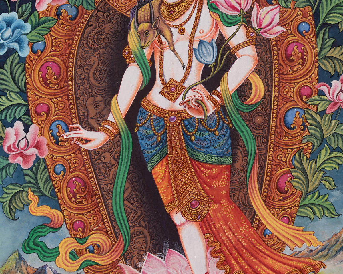 Standing Chenrezig Thangka | Hand-Painted Avalokiteshvara Artwork