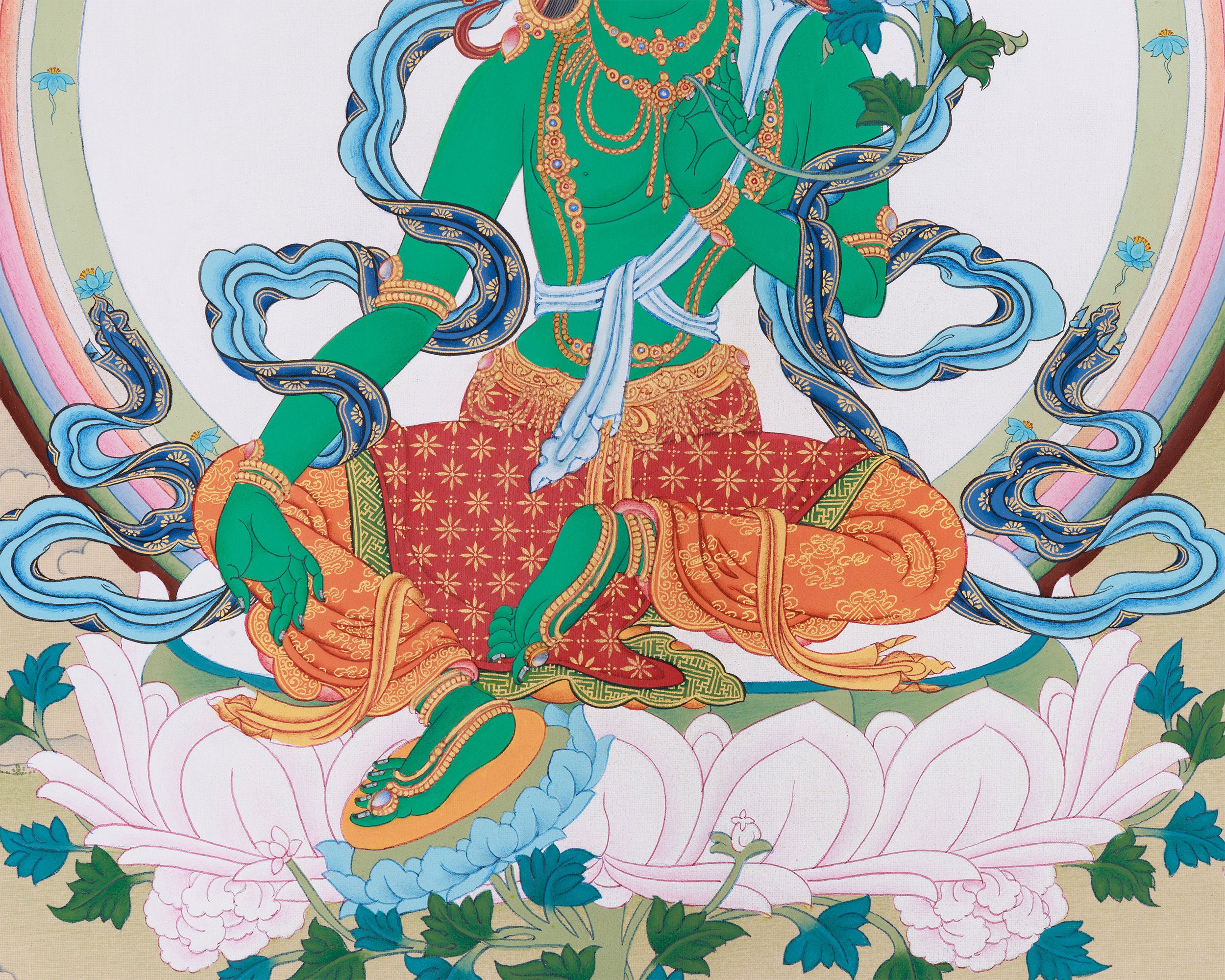 Uniquely Hand-Painted Green Tara Protection Deity Thangka | Featuring Amitabha Buddha