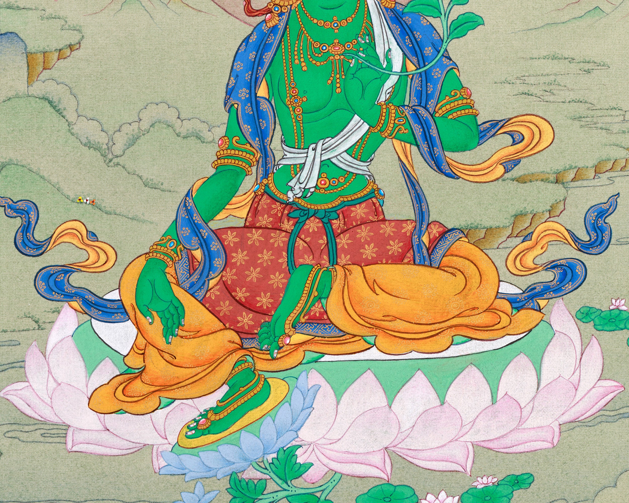 Tibetan Art of Small Green Tara on Cotton Canvas