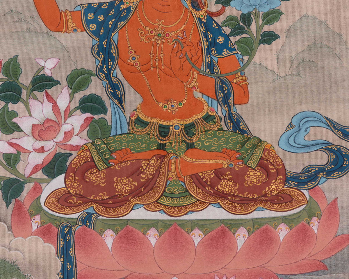 Buddhist Manjushri Meditation Art | Sword Of Wisdom | Bodhisattva Deity Thangka