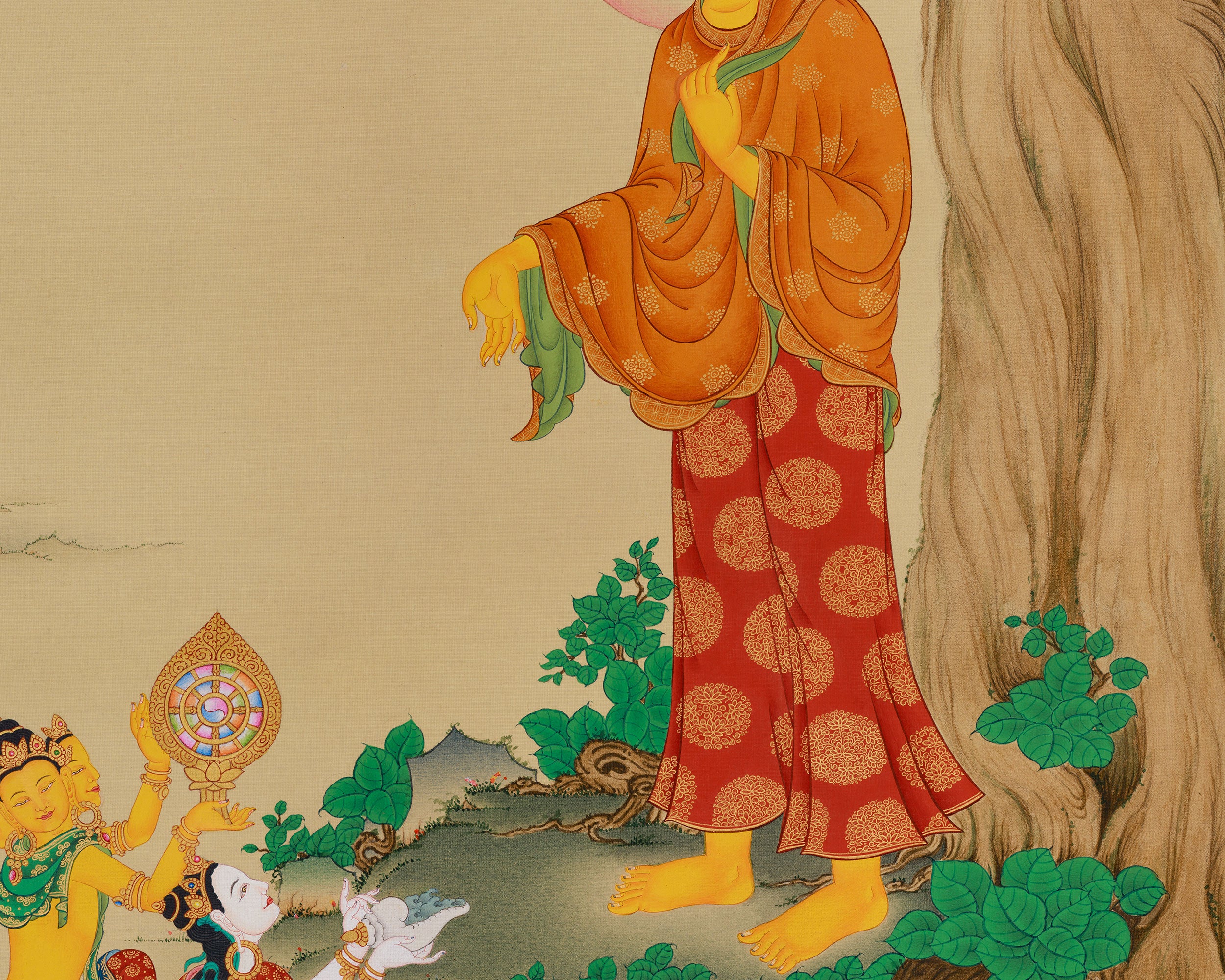 Divine Traditional Thangka of Shakyamuni Buddha | Brahma Sahampati and Indra Art