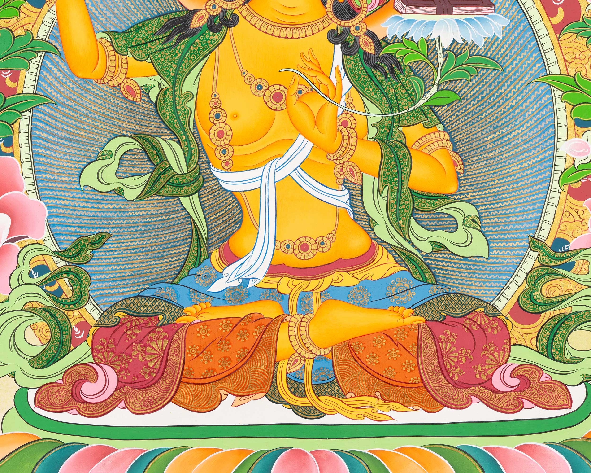 Manjushri Thangka | Flanked By Avalokiteshvara And Vajrapani