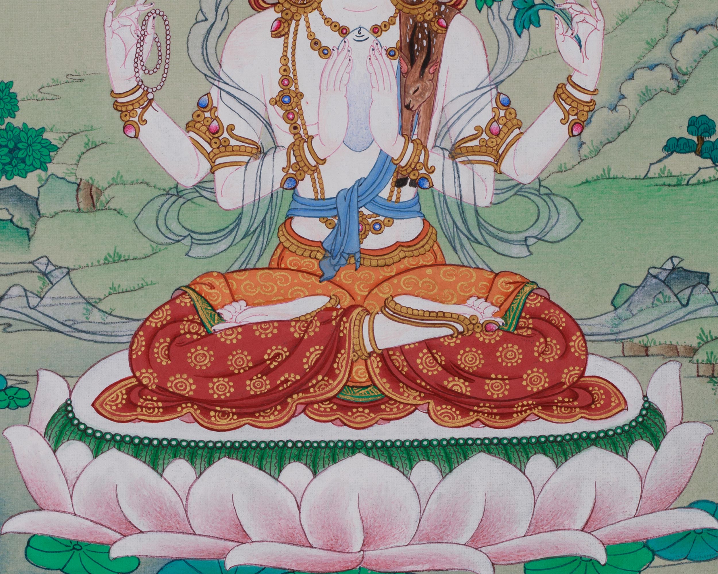 Hand-Painted Mini Chenrezig Thangka | Tibetan Buddha Art of Compassion and Protection