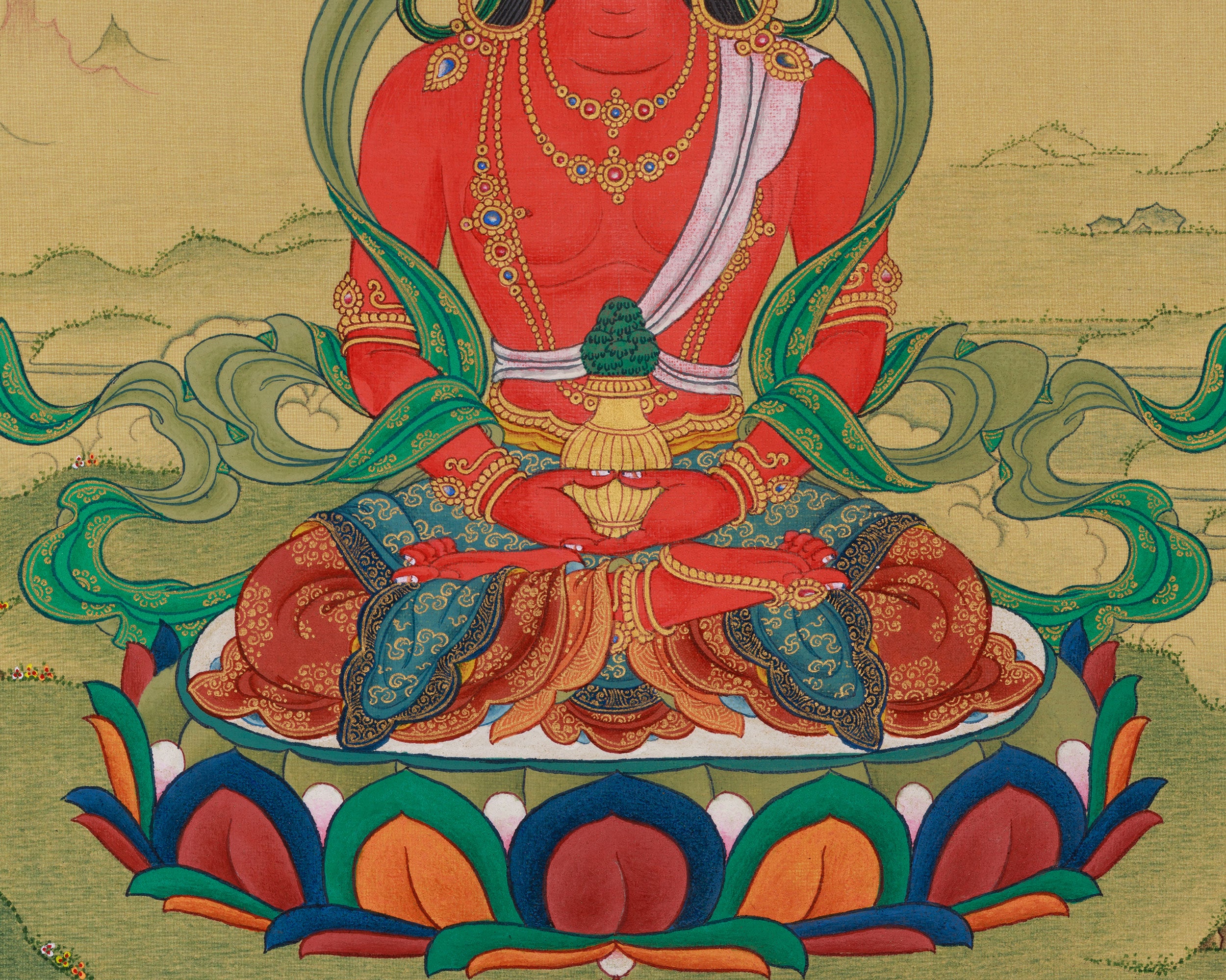 Red Hues Buddhas, Amitayus and Amitabha Artwok | Lhasa Stone Pigments