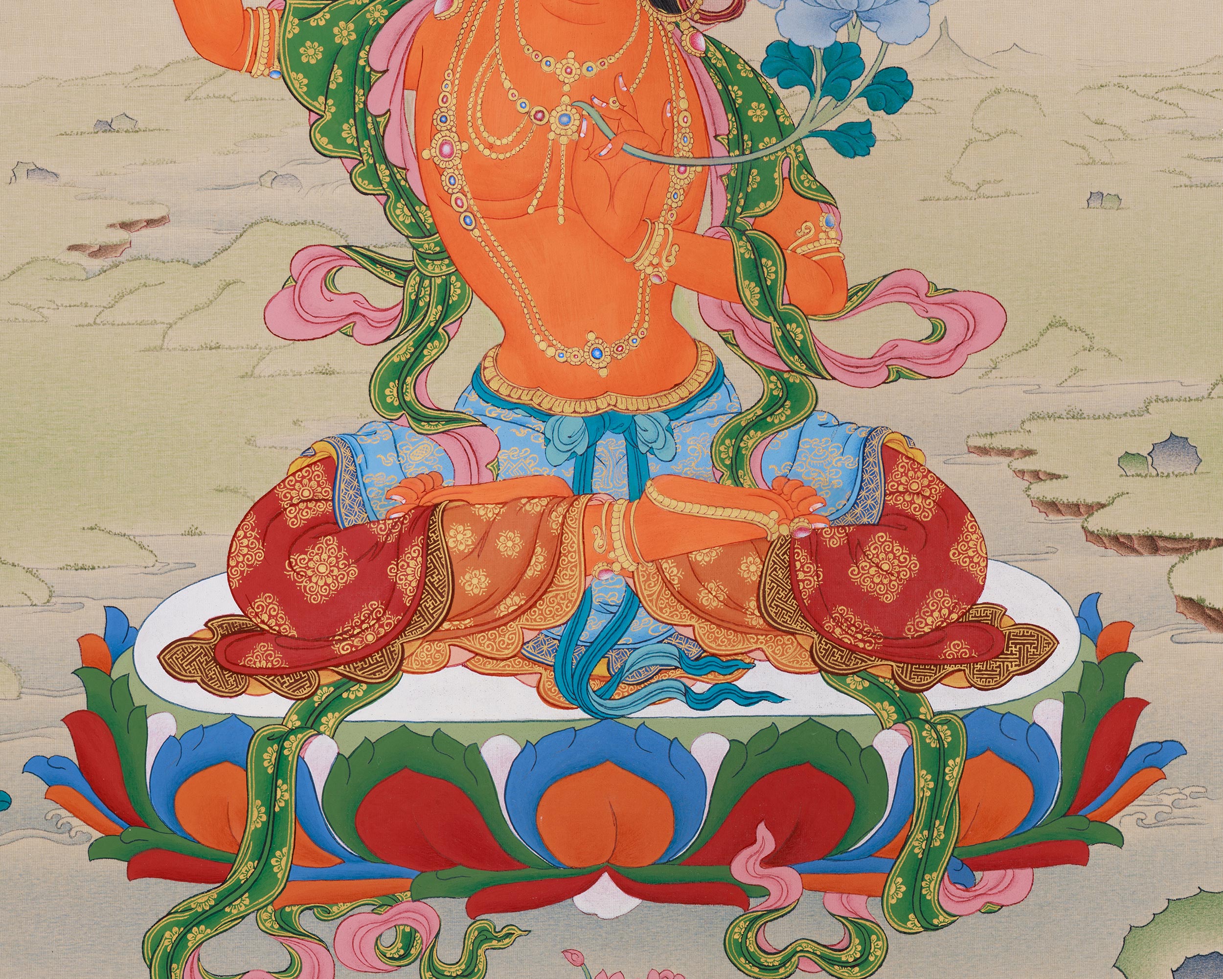 Hand-Painted 24 Inch Manjushri Thangka | Bodhisattva of Profound Knowledge