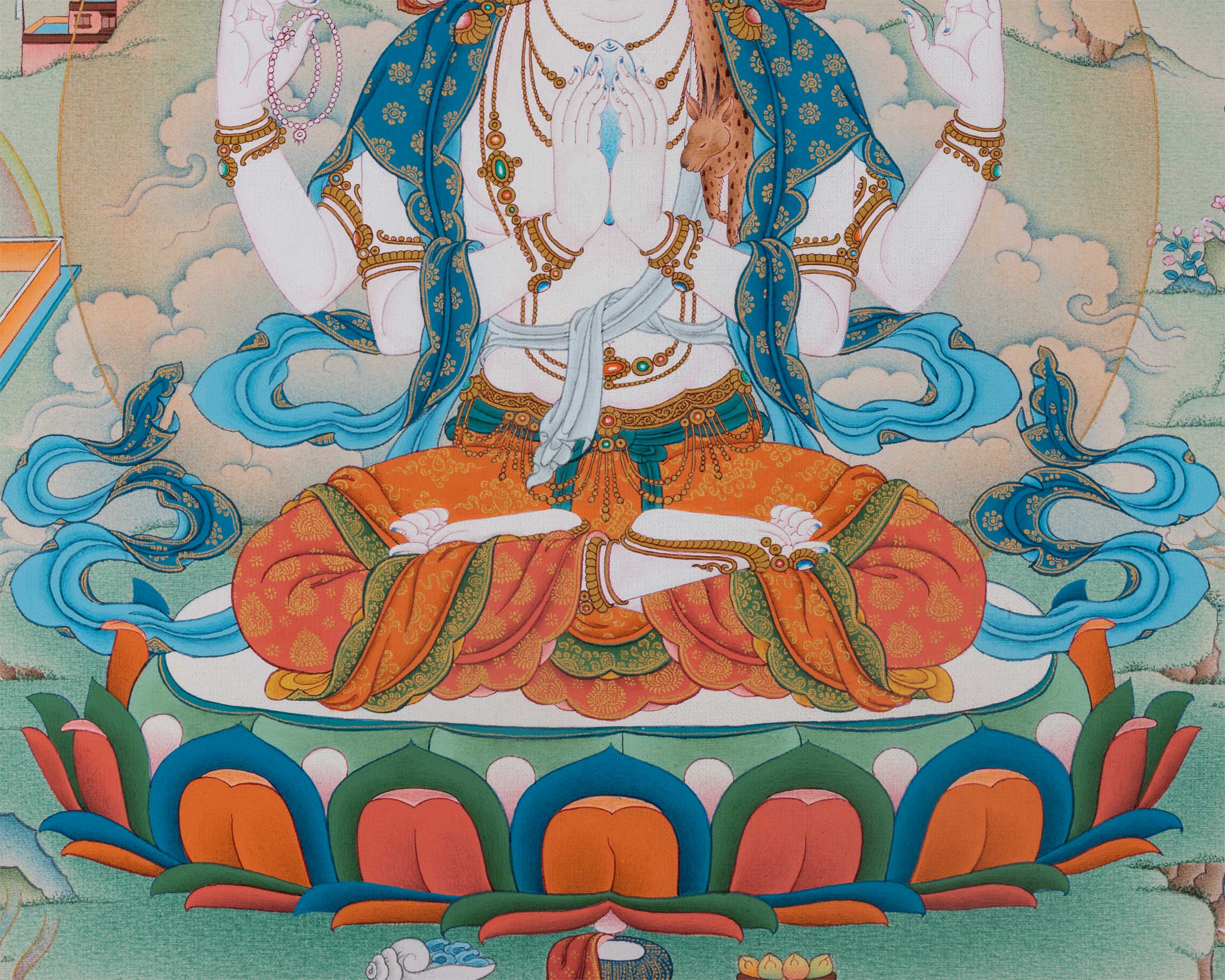 4 Armed Avalokiteshvara Thangka Print | Chenrezig With Buddha Amitabha