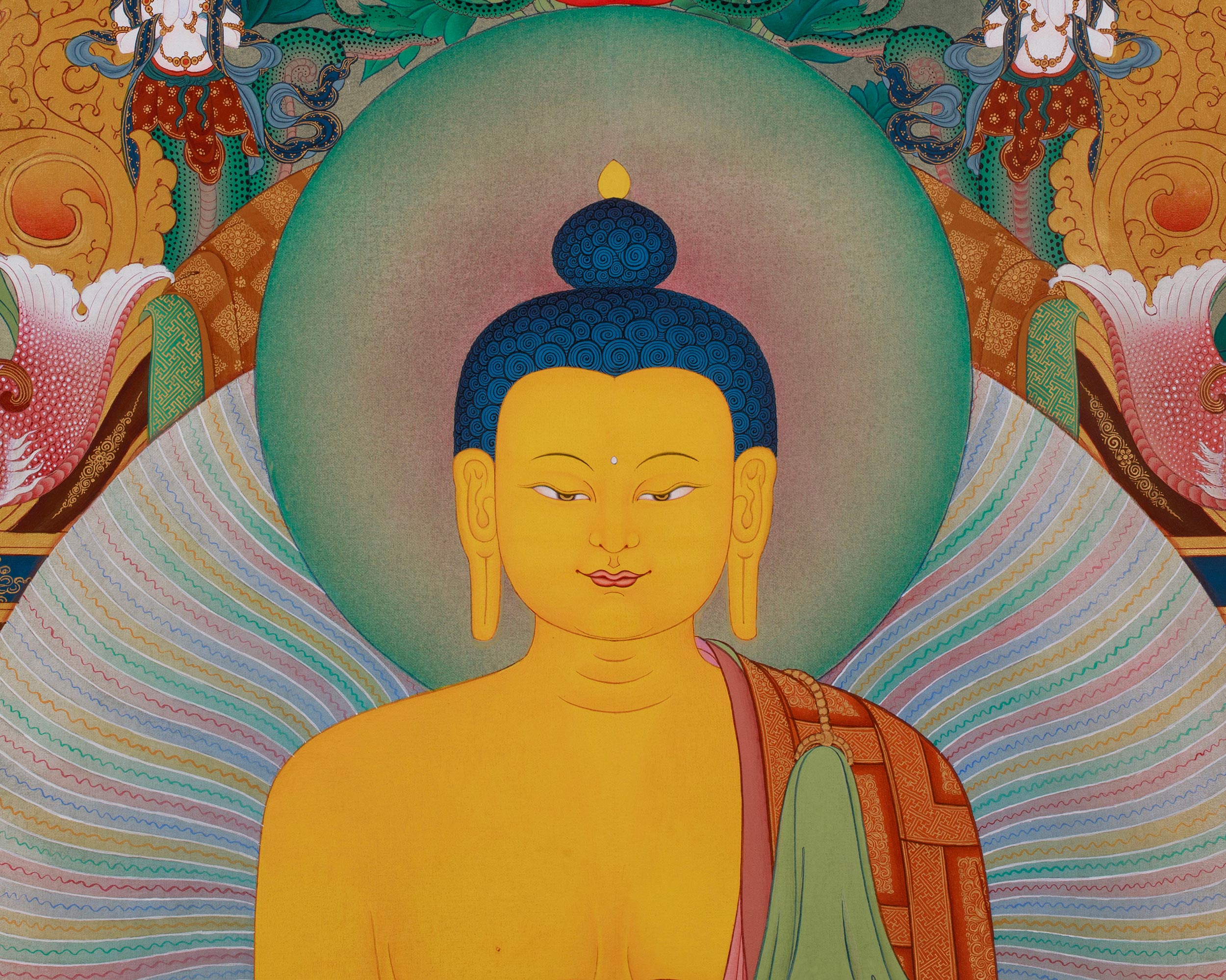 Tibetan Shakyamuni Buddha With 16 Arhat Thangka | Representation of Compassion, and Enlightenment