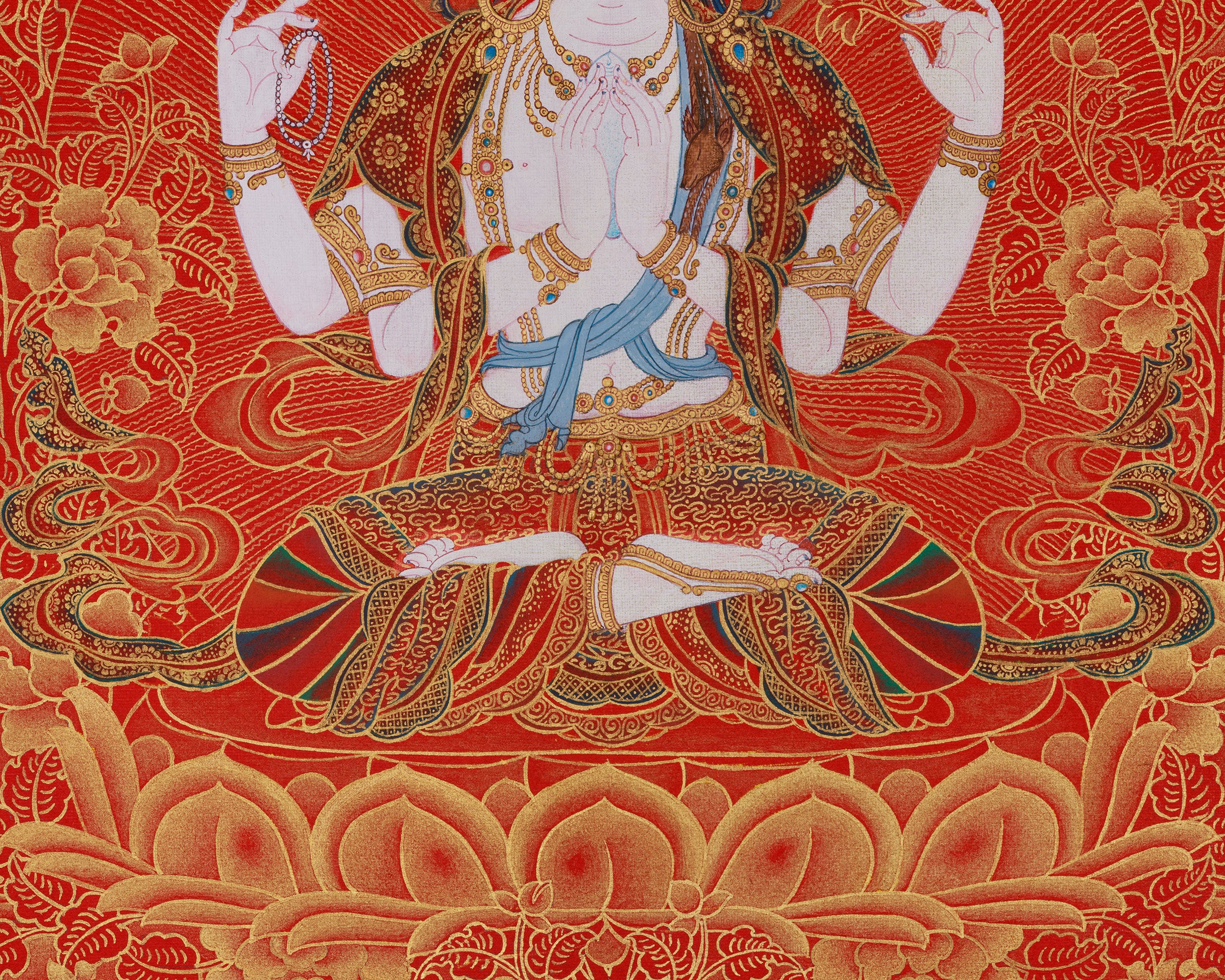 Golden Grace on Red, 4 Arms Avalokiteshvara Thangka, Deity of Compassion