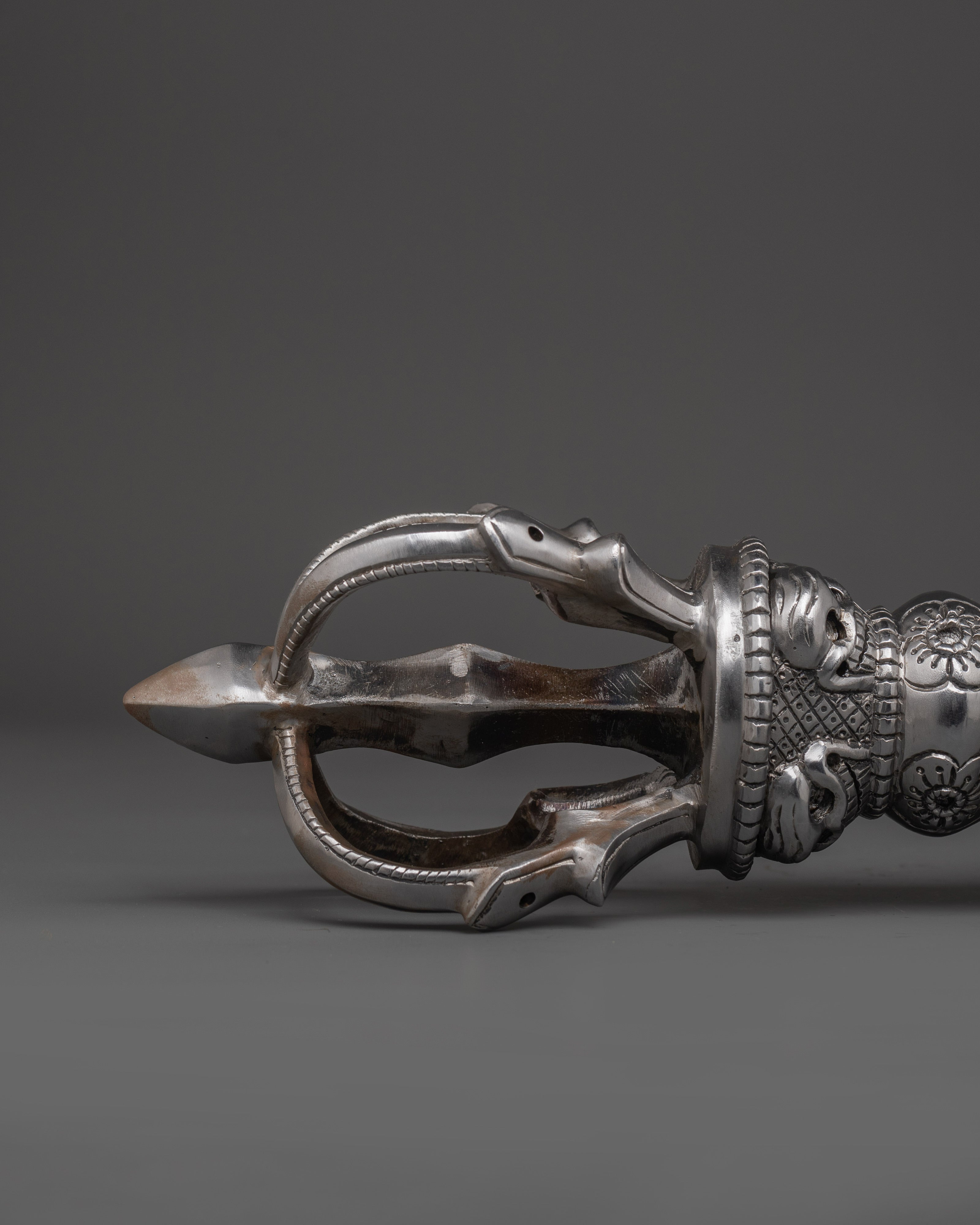 Tibetan Silver Vajra With Stand | Iron Buddhist Ritual Tool