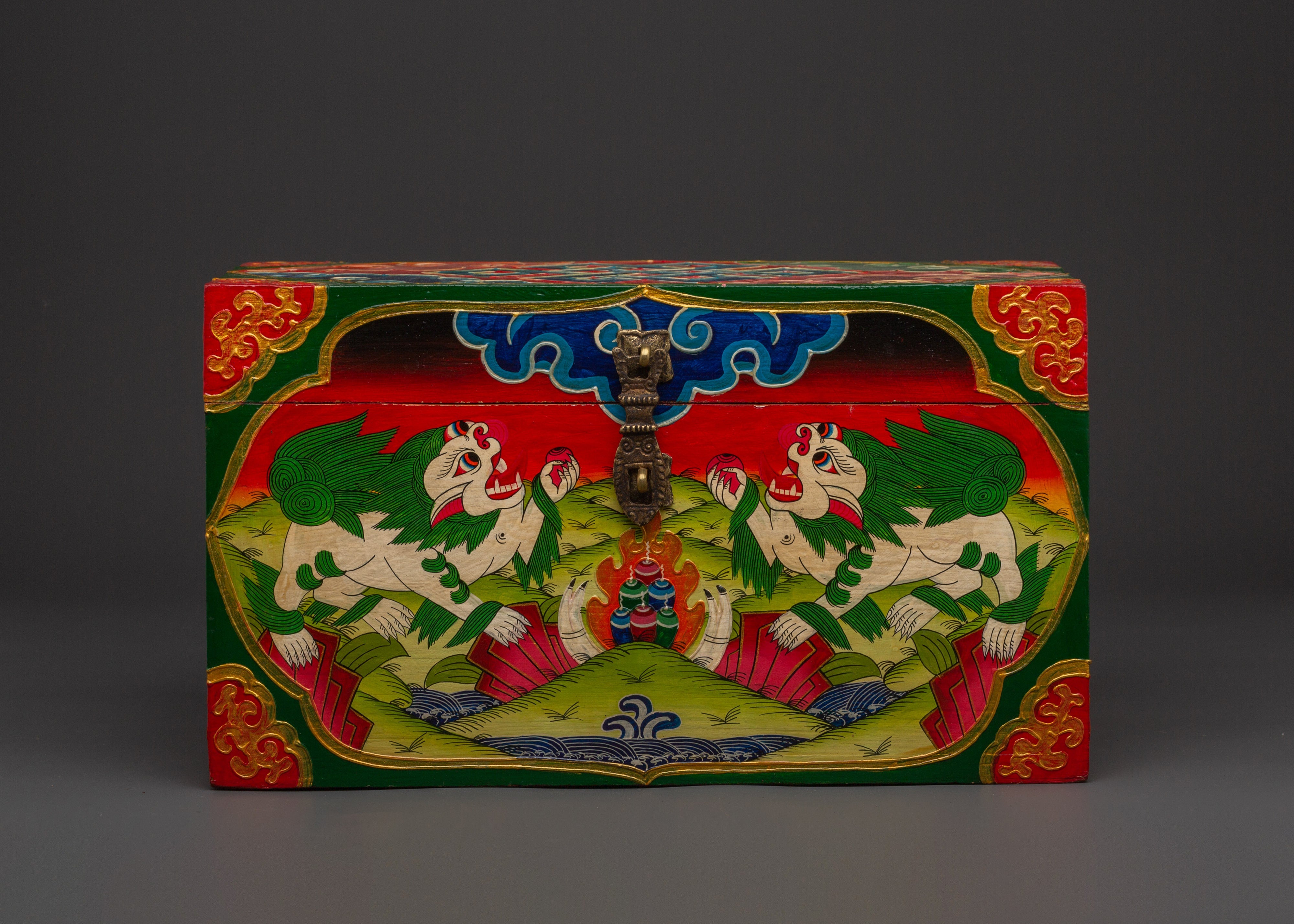 Tibetan Wooden Box with Snow Lions | Sacred Hand-Painted Ritual Chest