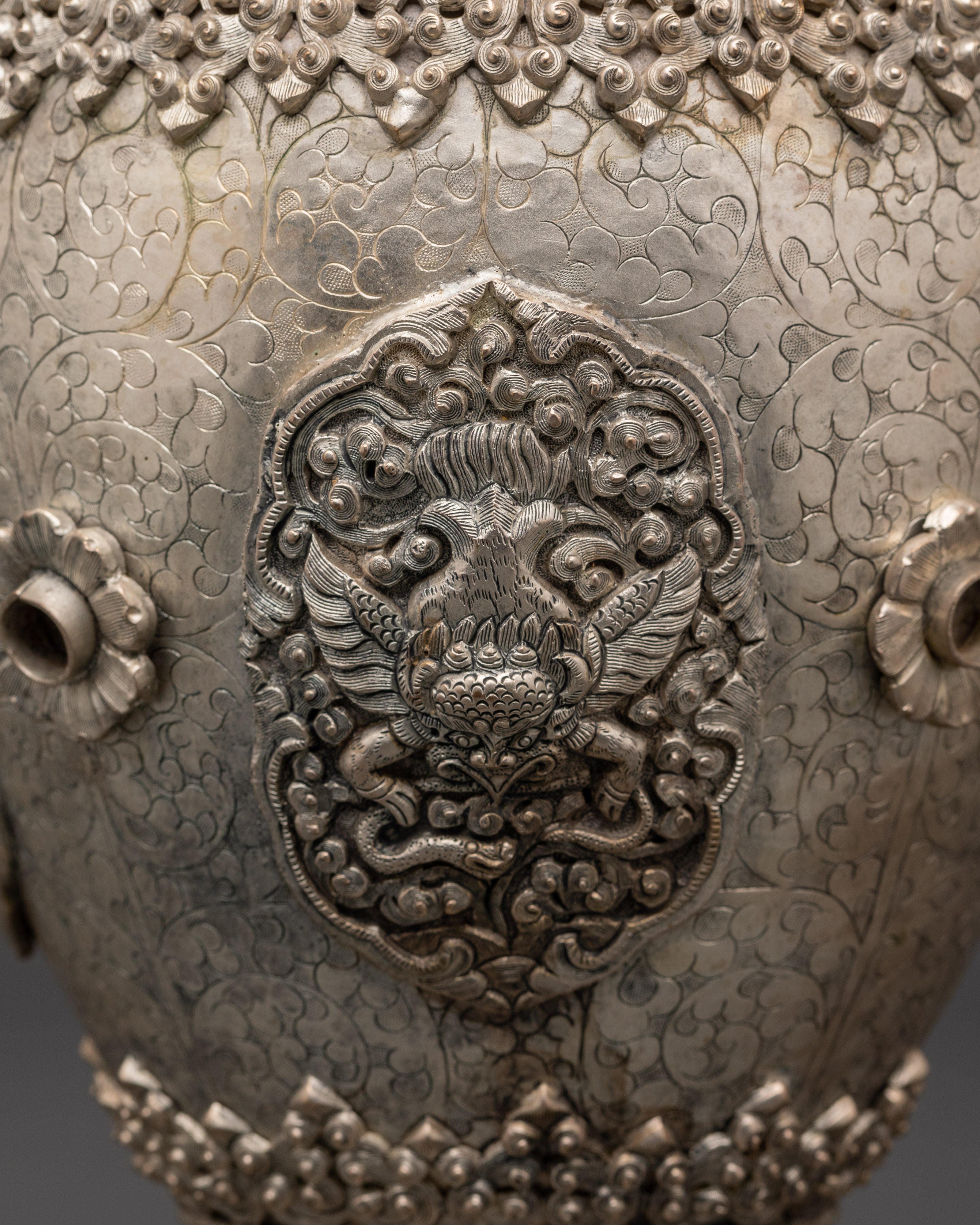 Handcrafted Silver Flower Vase Pair | Tibetan Buddhist Lion Motif Urns