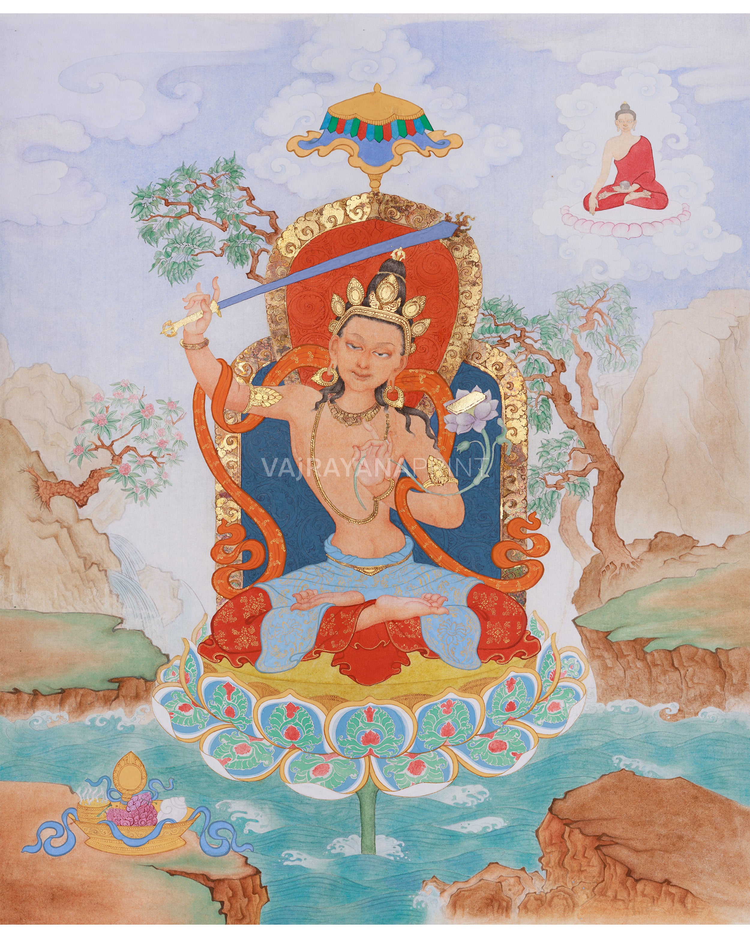 Giclee Canvas Print of Manjushri | Contemporary Fusion of Paubha & Chinese Artistry