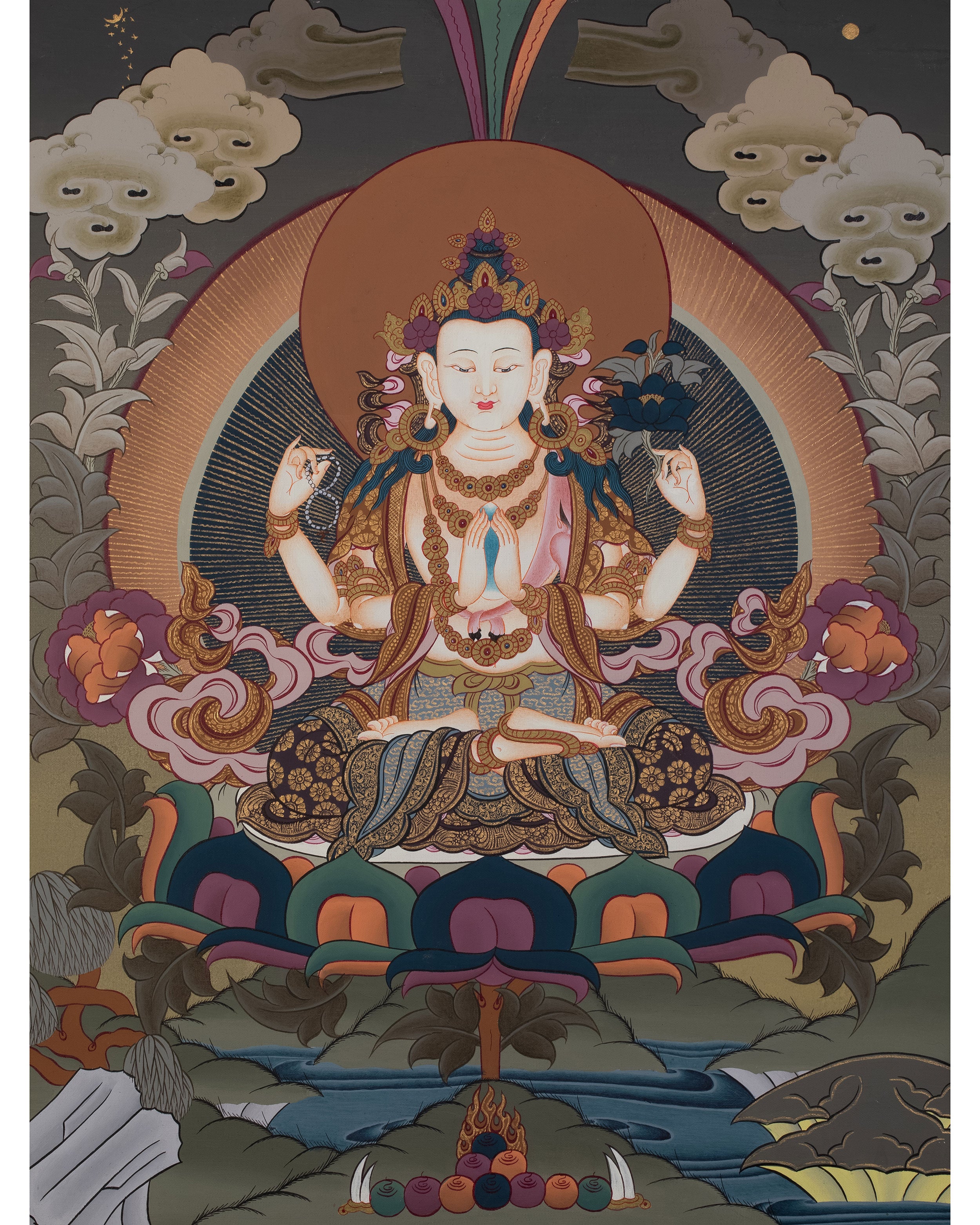 Four Armed Compassionate Chenrezig Thangka | Hand-Painted Compassion Deity Art