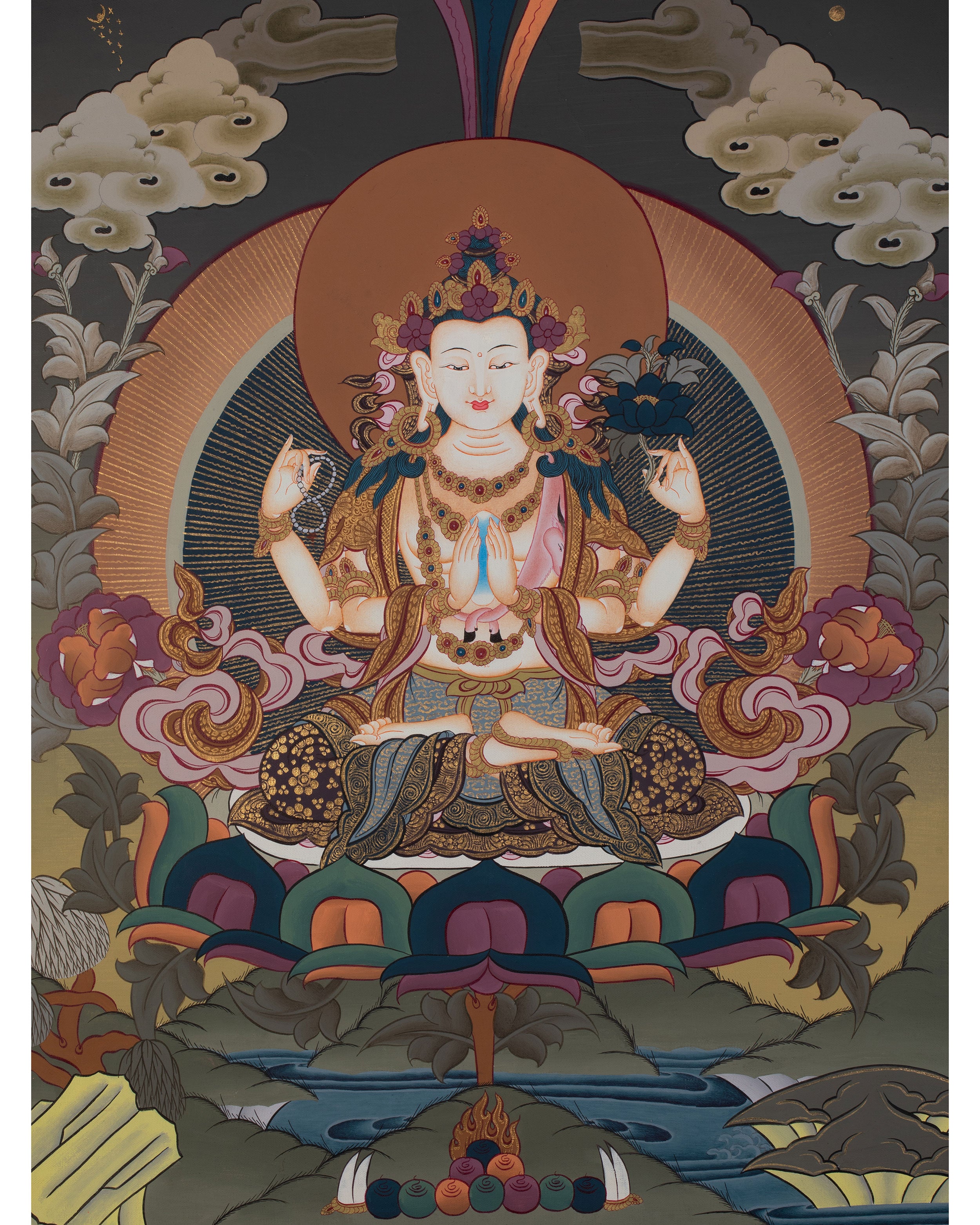 Four Armed Compassionate Chenrezig Thangka | Hand-Painted Compassion Deity Art