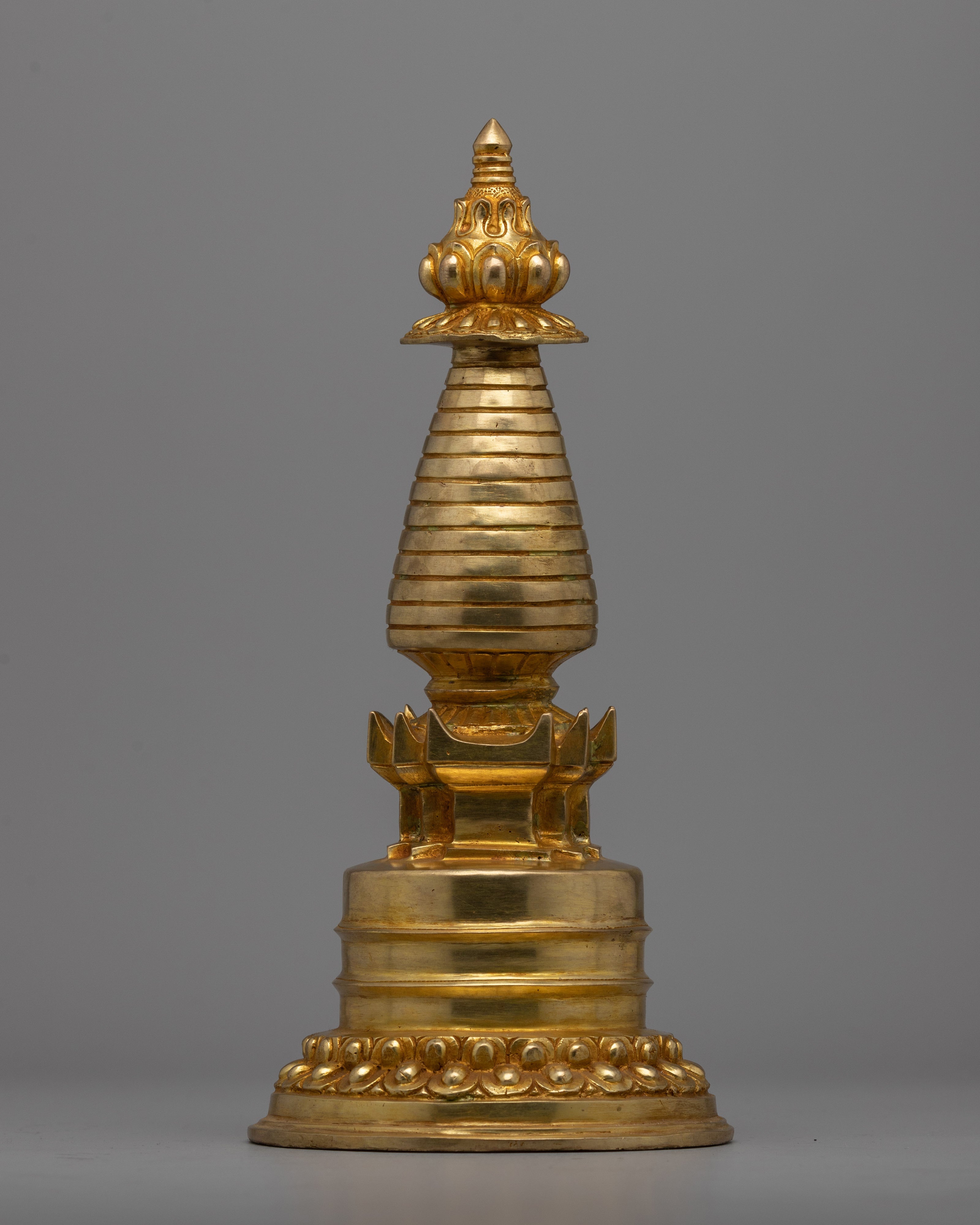 Intricate Gold-Plated Copper Tibetan Stupa