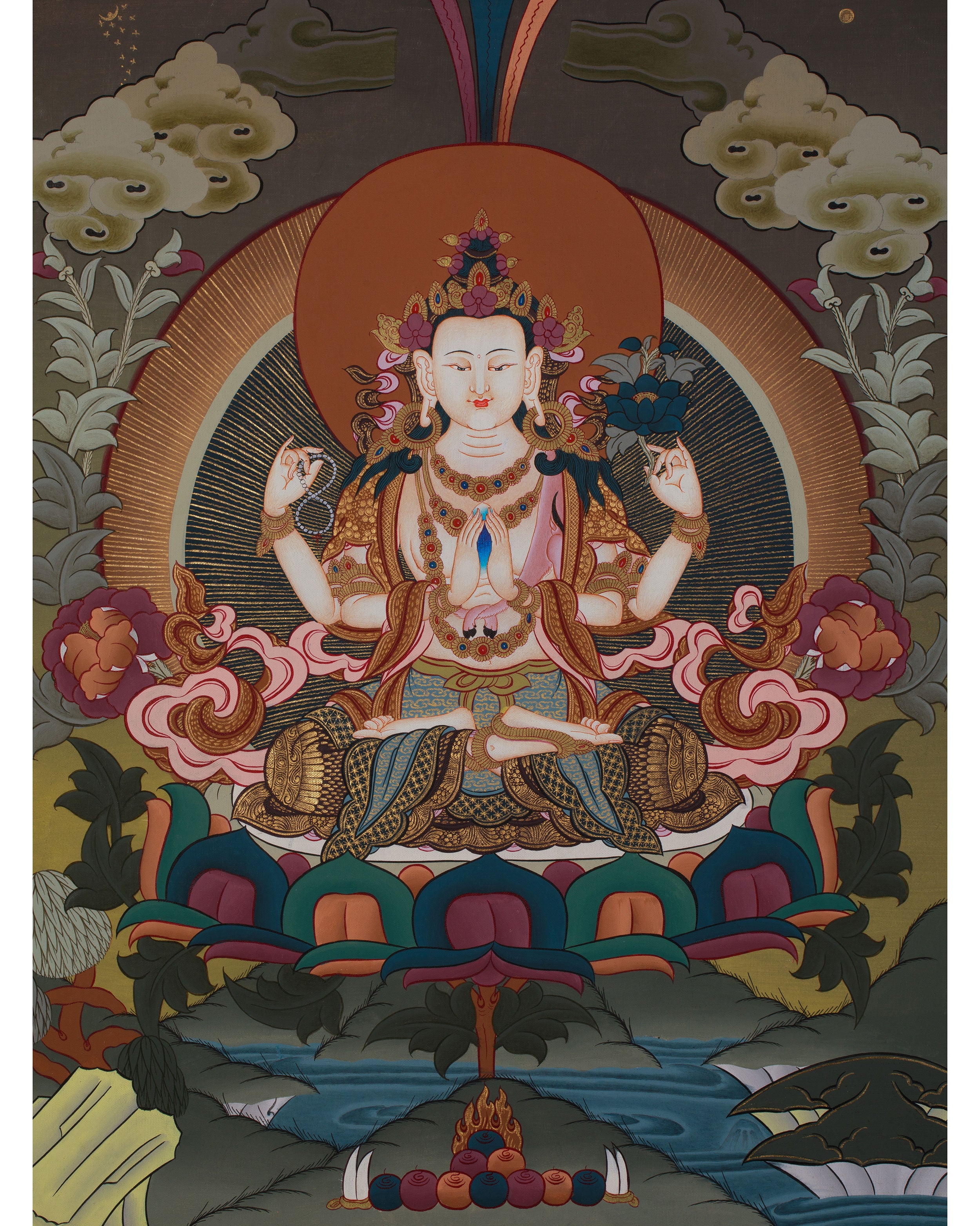 Four Armed Compassionate Chenrezig Thangka | Hand-Painted Compassion Deity Art
