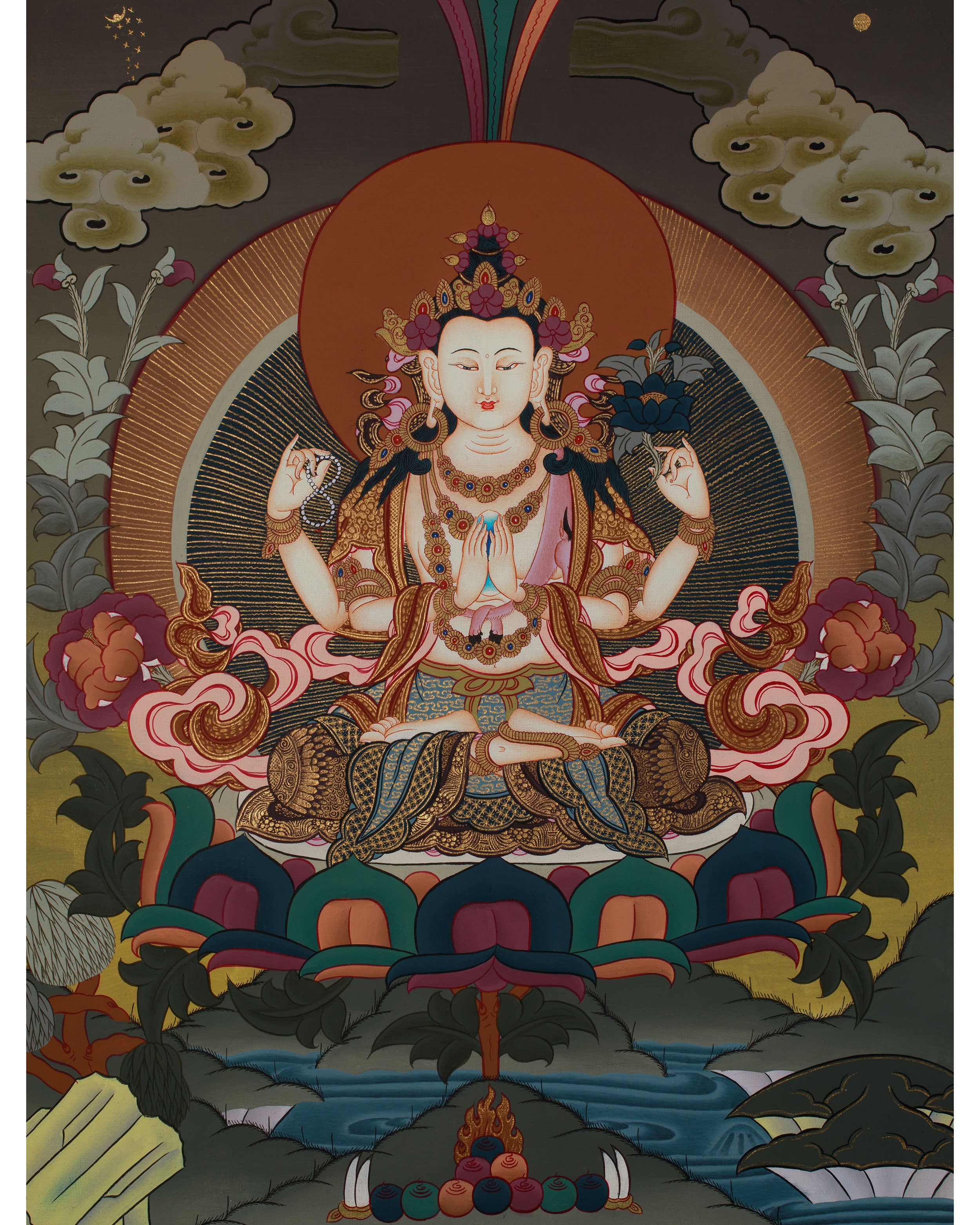 Four Armed Compassionate Chenrezig Thangka | Hand-Painted Compassion Deity Art