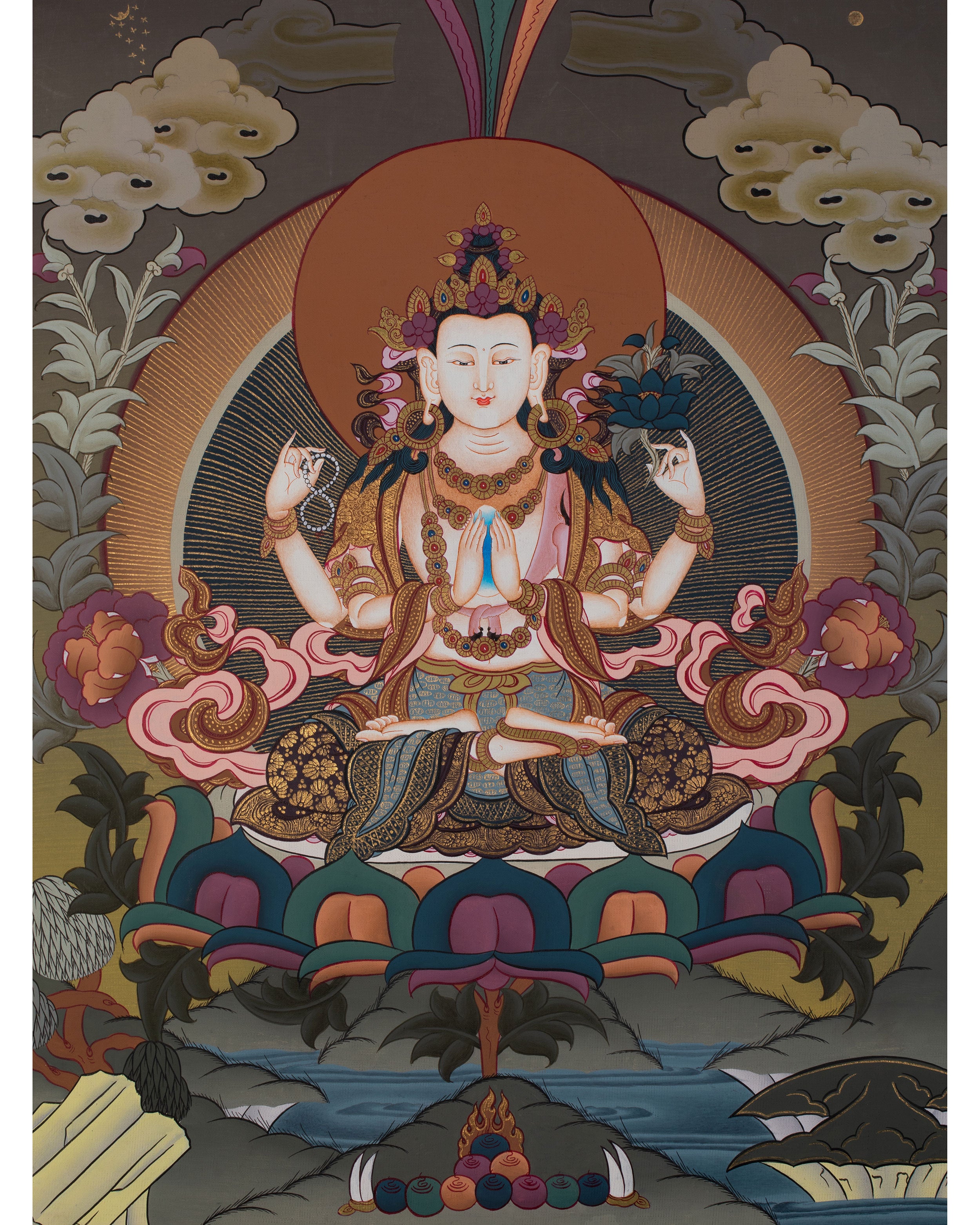 Four Armed Compassionate Chenrezig Thangka | Hand-Painted Compassion Deity Art