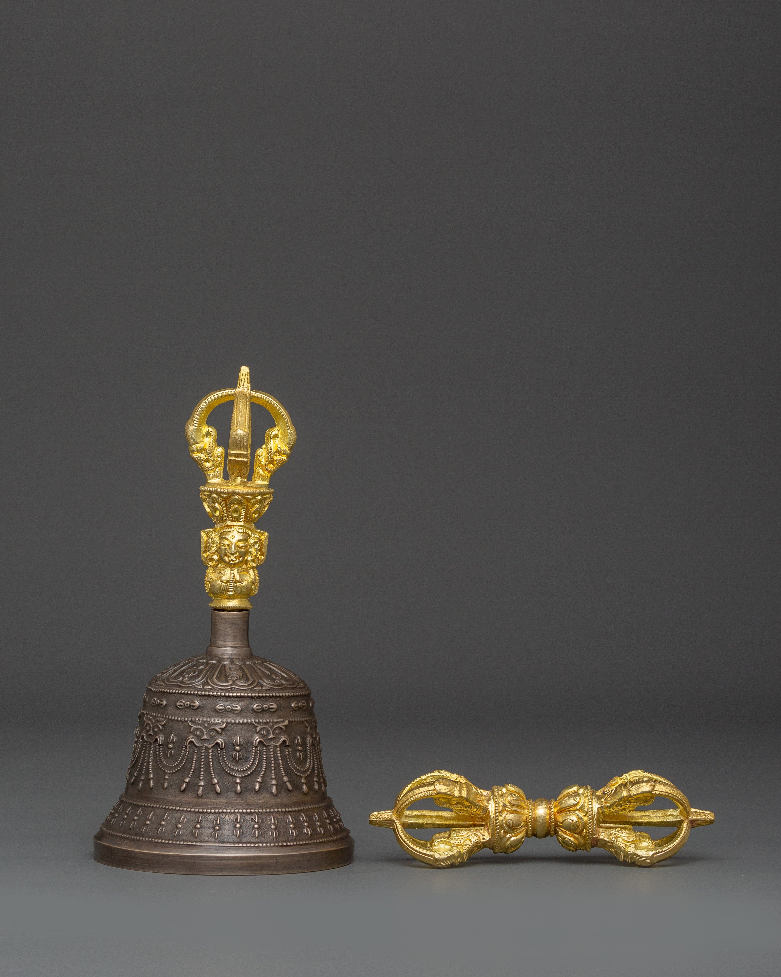 Sacred Tibetan Bronze and Brass Bell & Vajra Set