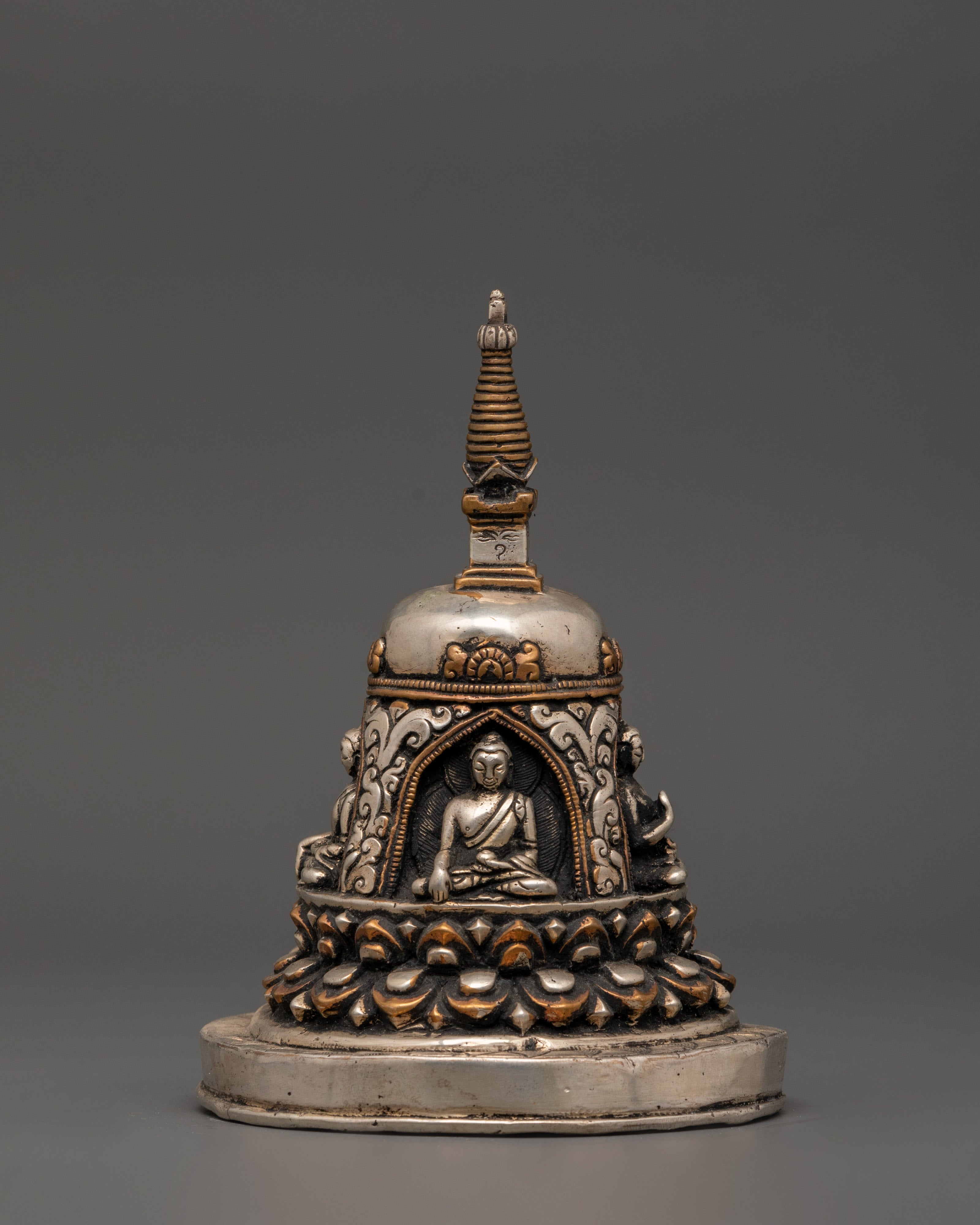 Oxidized Copper Stupa with Silver Plating 4 Buddha Engraved