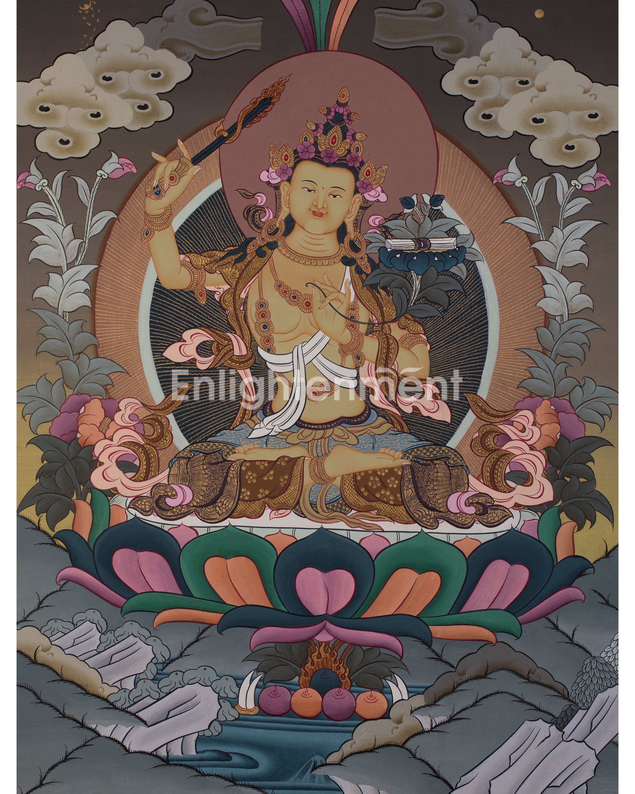 Manjushri Thanka | Tibetan Bodhisattva with Flaming Sword of Wisdom