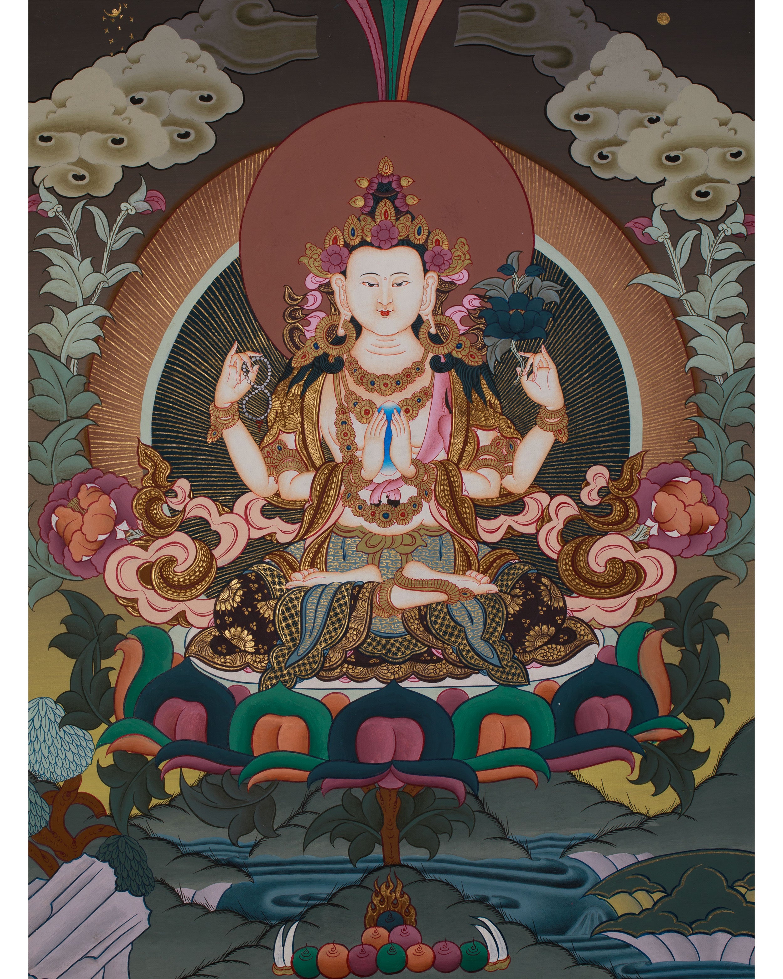 Four Armed Compassionate Chenrezig Thangka | Hand-Painted Compassion Deity Art