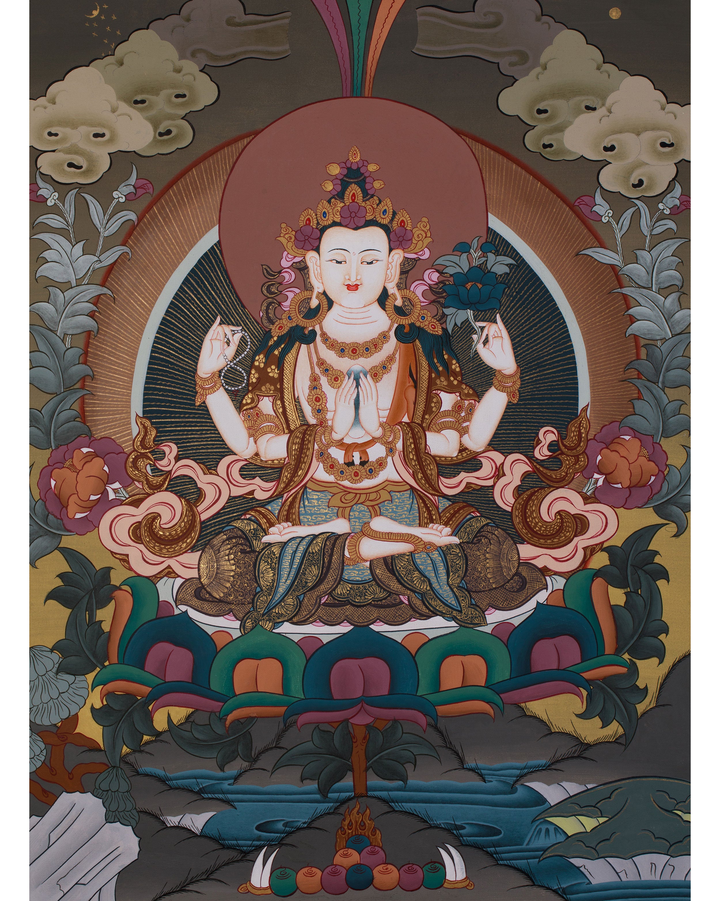 Four Armed Compassionate Chenrezig Thangka | Hand-Painted Compassion Deity Art