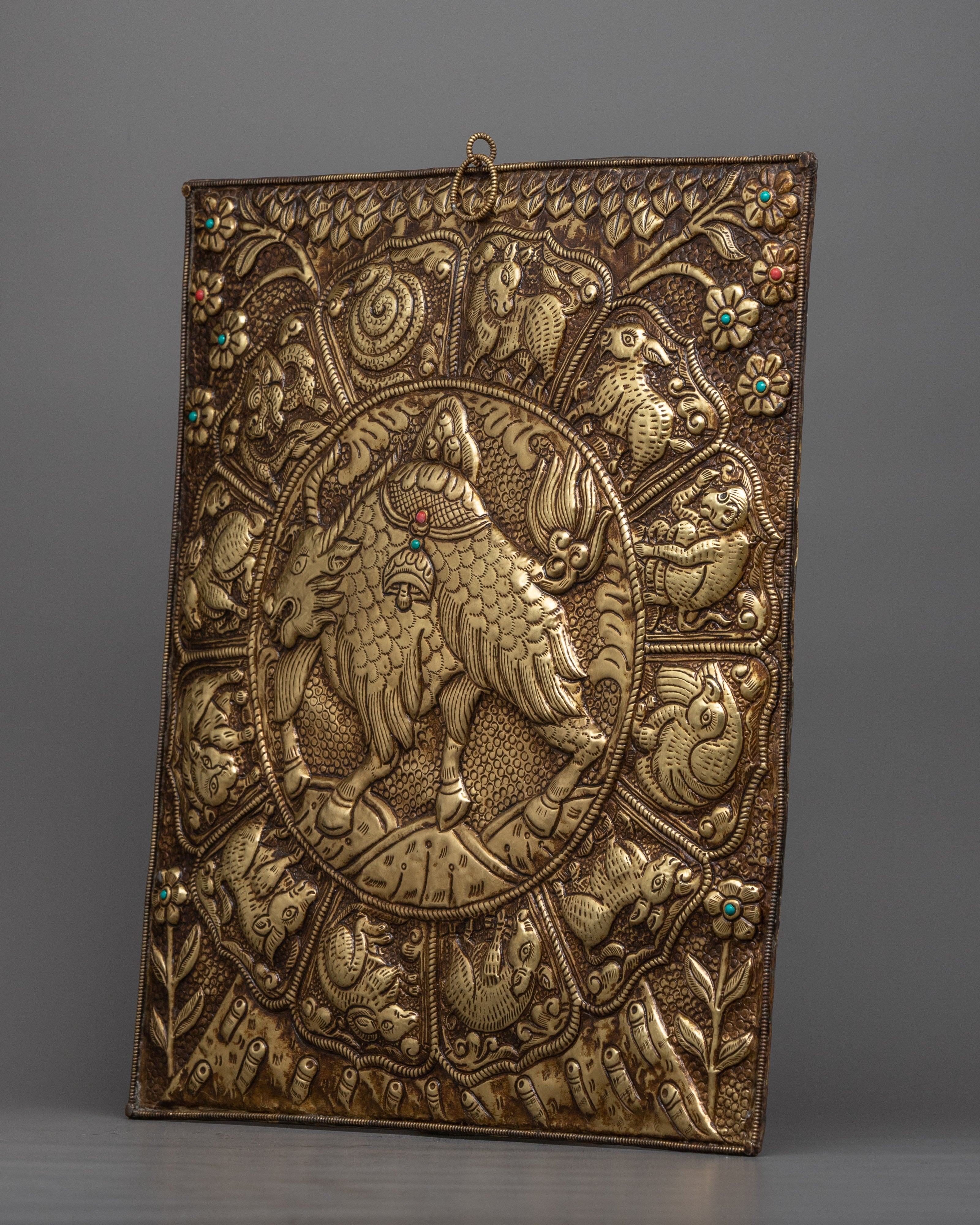 Yak Metal Wall Hanging Thanka Featuring Zodiac Sign Calendar for Spiritual Insight and Decorative Elegance