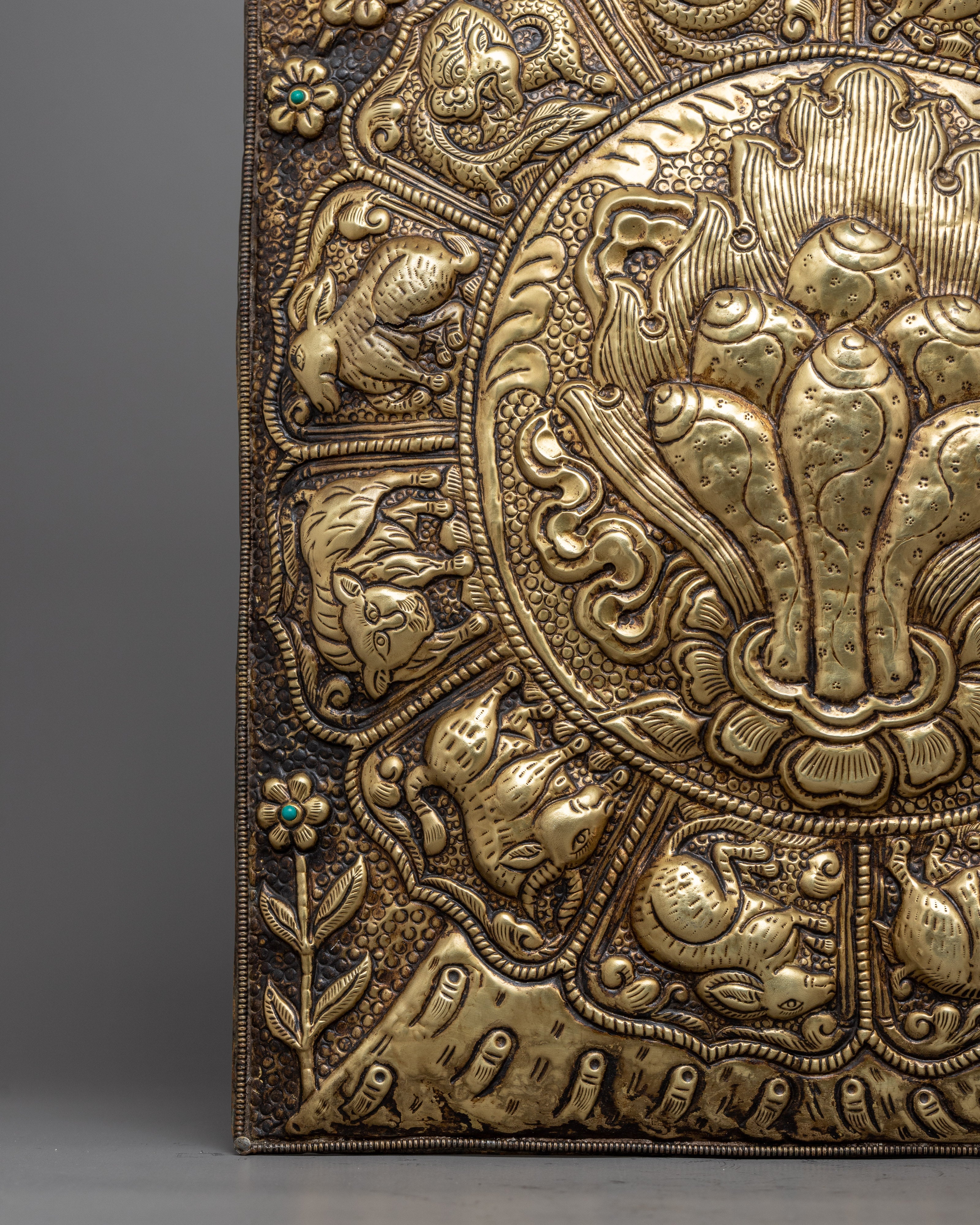 Norbu Metal Wall Hanging Thanka Calander | Zodiac Signs Surrounding Norbu for Spiritual Insight and Decorative Harmony