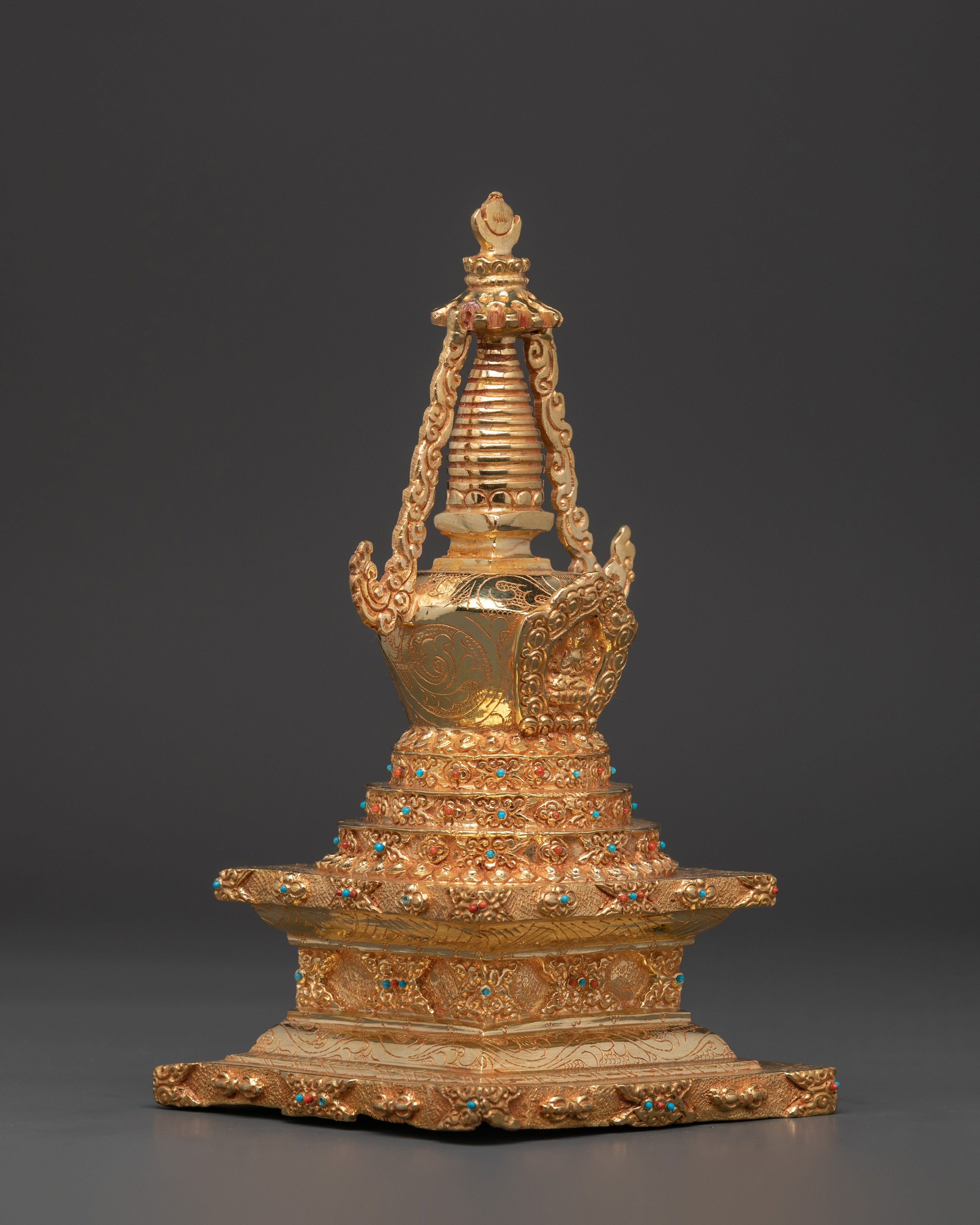 Handcrafted Tibetan Pagoda Sculpture | Gold-Plated Copper Stupa