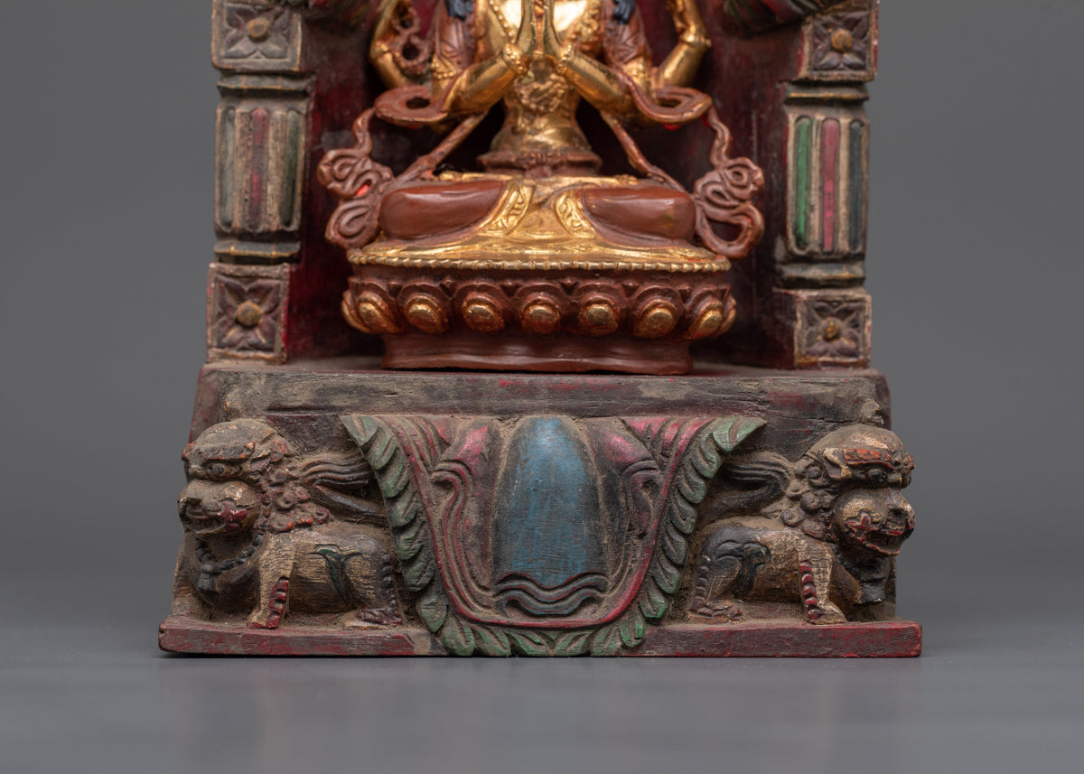 Chenrezig with Throne | Handcrafted 24K Gold Gilded Copper and Wood Statue