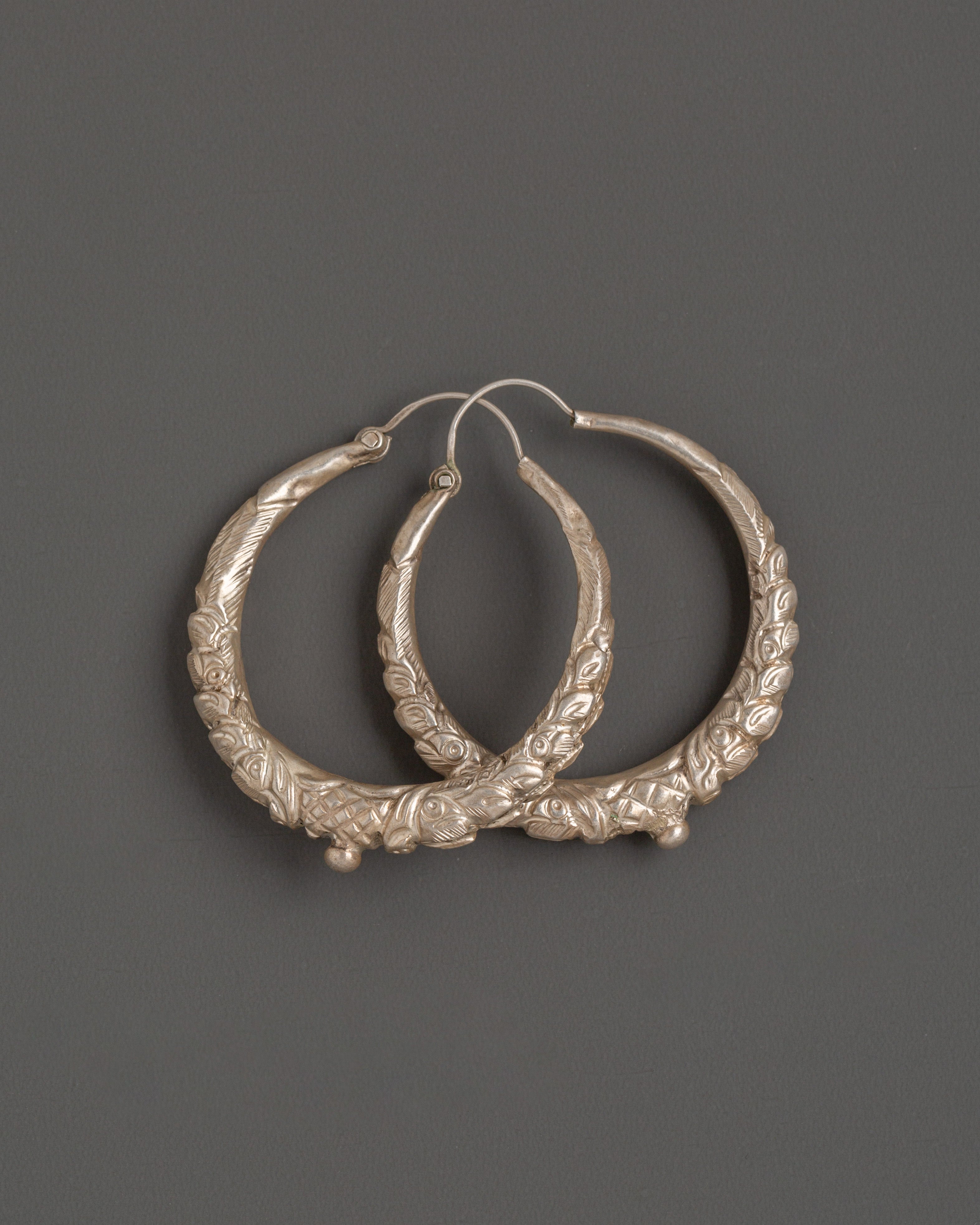 Handcrafted Tibetan Hoop Earrings Set | Traditional Silver Earrings