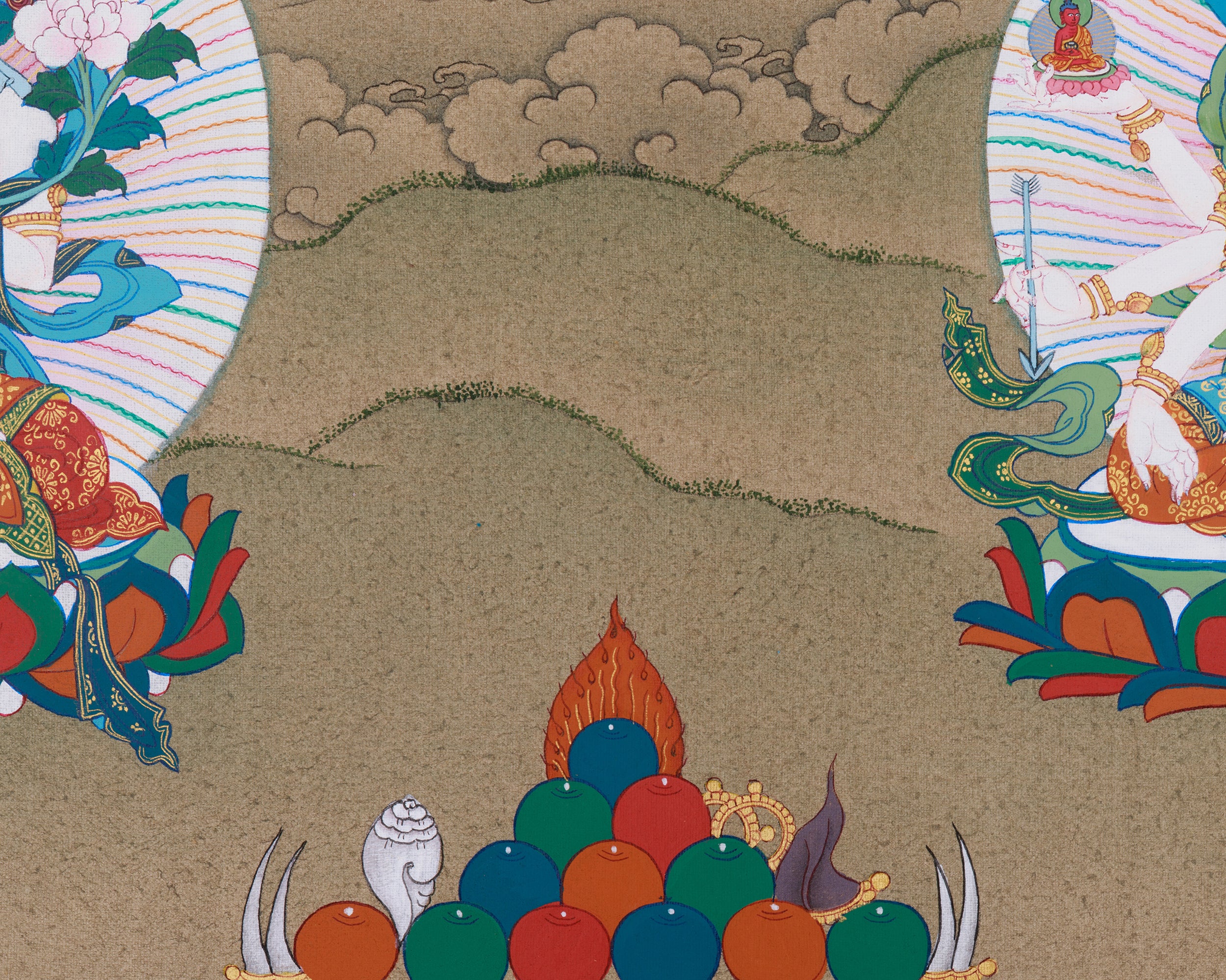 Tibetan Long Life Bodhisattvas: Amitayus Buddha, White Tara and Namgyalma | Buddhist Artwork