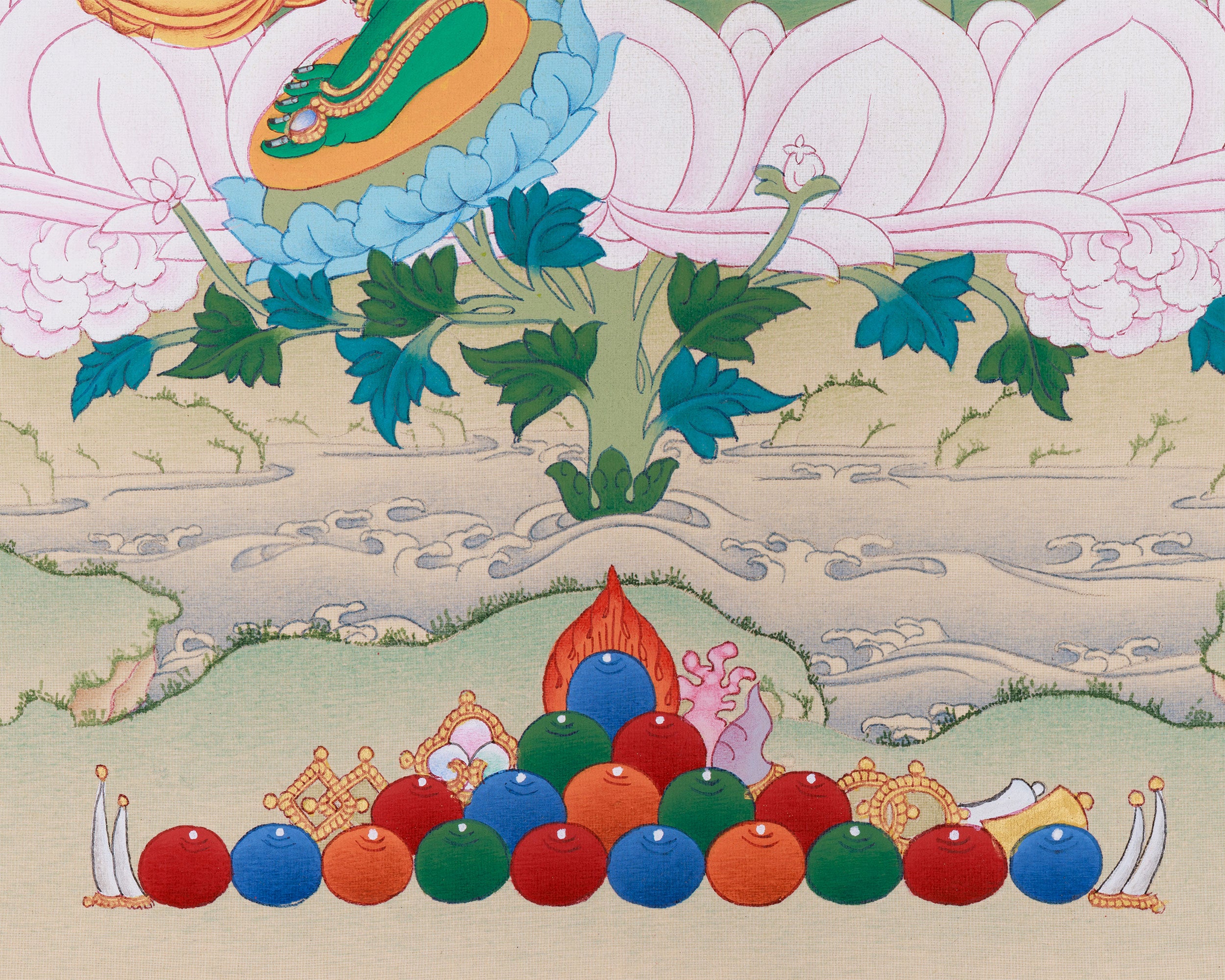 Uniquely Hand-Painted Green Tara Protection Deity Thangka | Featuring Amitabha Buddha