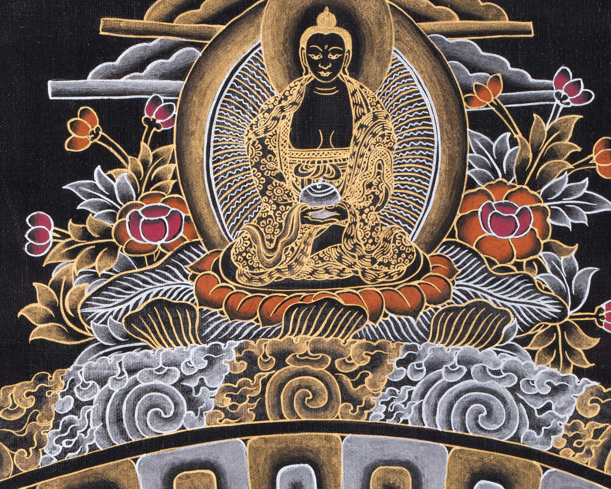 Original Hand Painted Black And Gold Style Chengrezig Mandala Thangka | Tibetan Buddhist Meditation And Yoga Art |