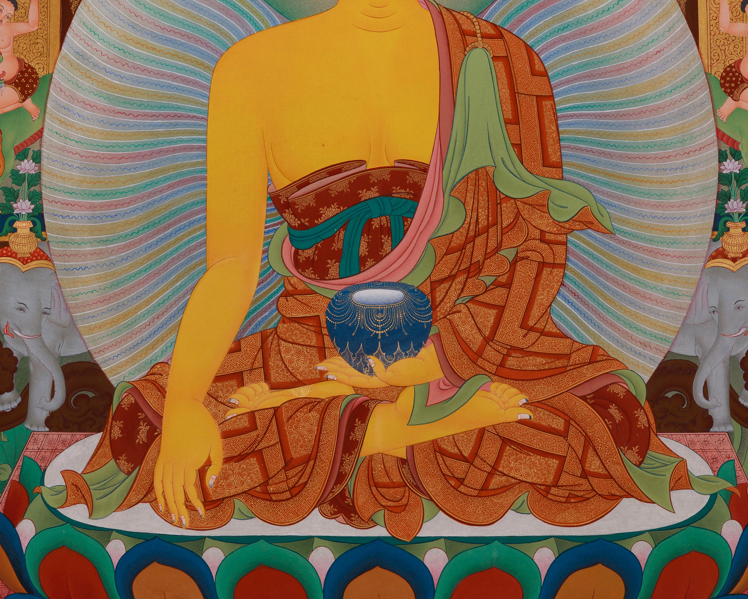 Tibetan Shakyamuni Buddha With 16 Arhat Thangka | Representation of Compassion, and Enlightenment