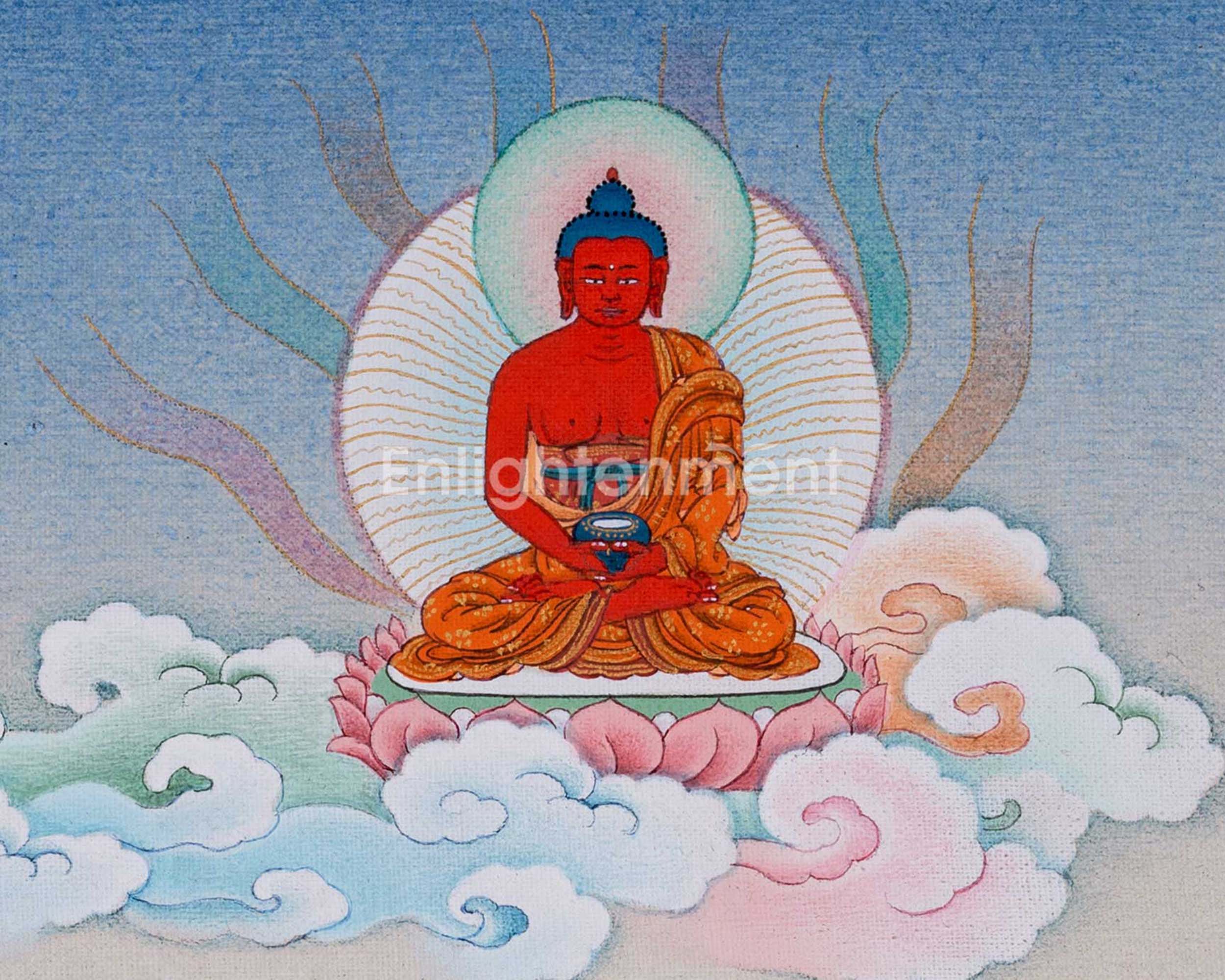 Guru Rinpoche Thangka with Mandarva and Yeshe Tsogyal | Amitabha Buddha Atop
