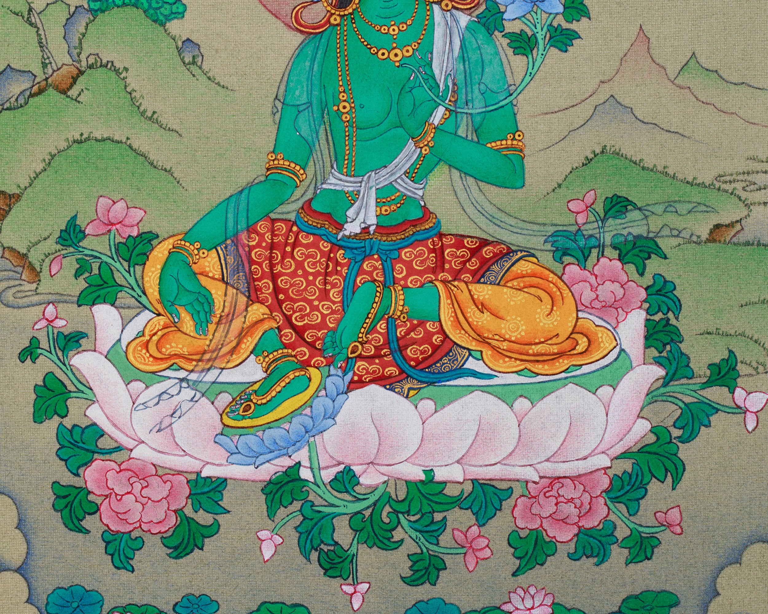 Green Tara: Small but Detailed Thangka in Lhasa Stone Colors