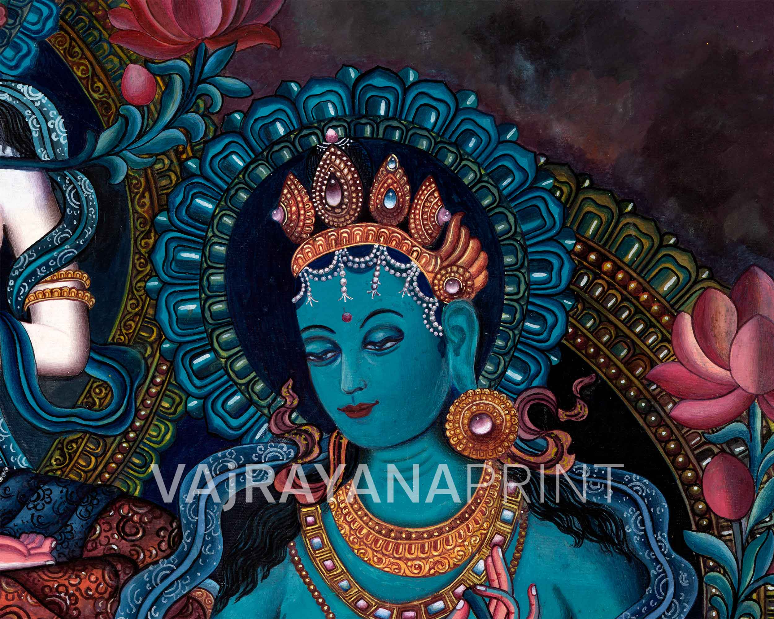 Newari Print Of Green Tara and White Tara With Chenrezig | Highly-Revered Deities Of Buddhism