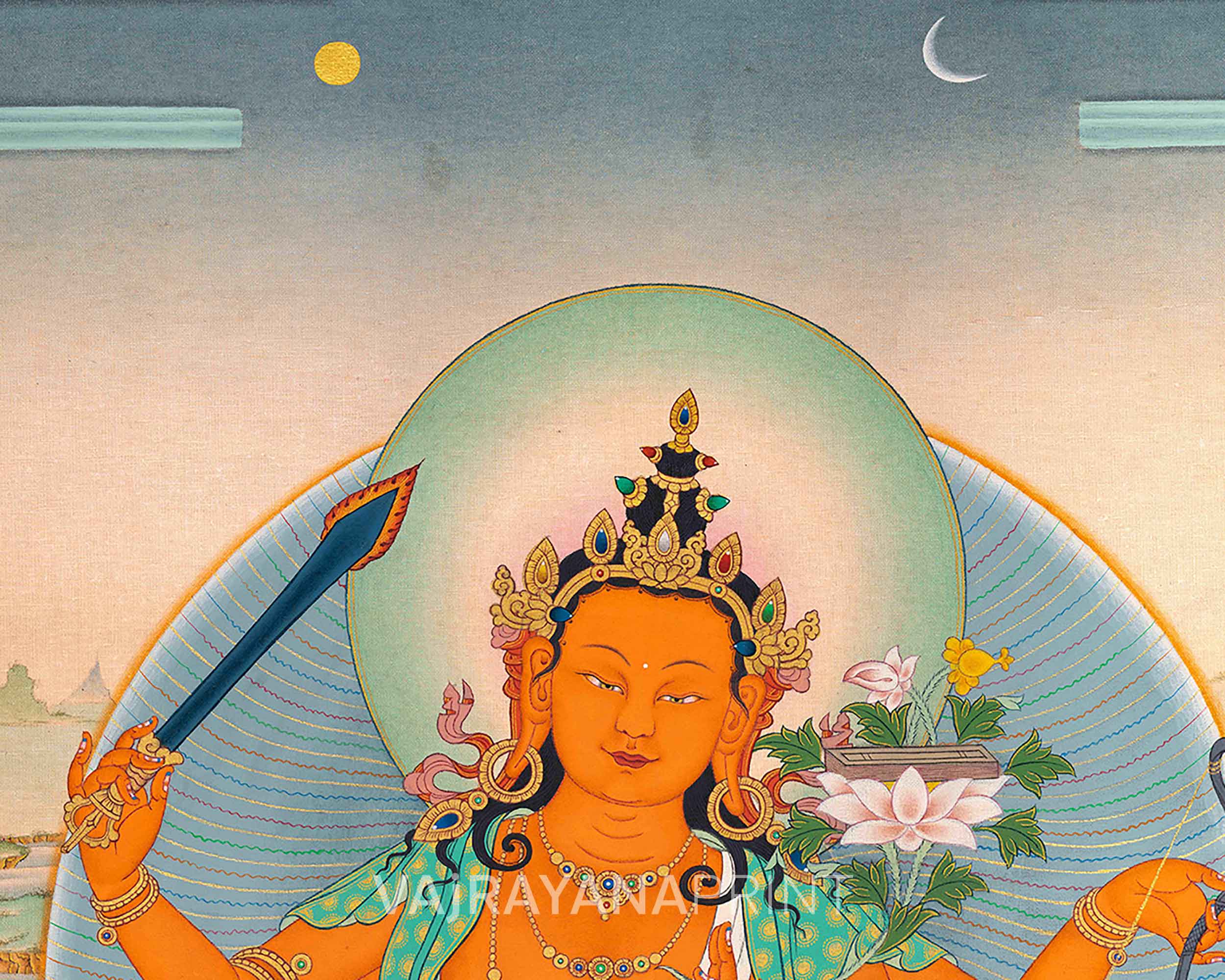 Dive into Knowledge with Manjushri's Thangka Print | Sword of Wisdom