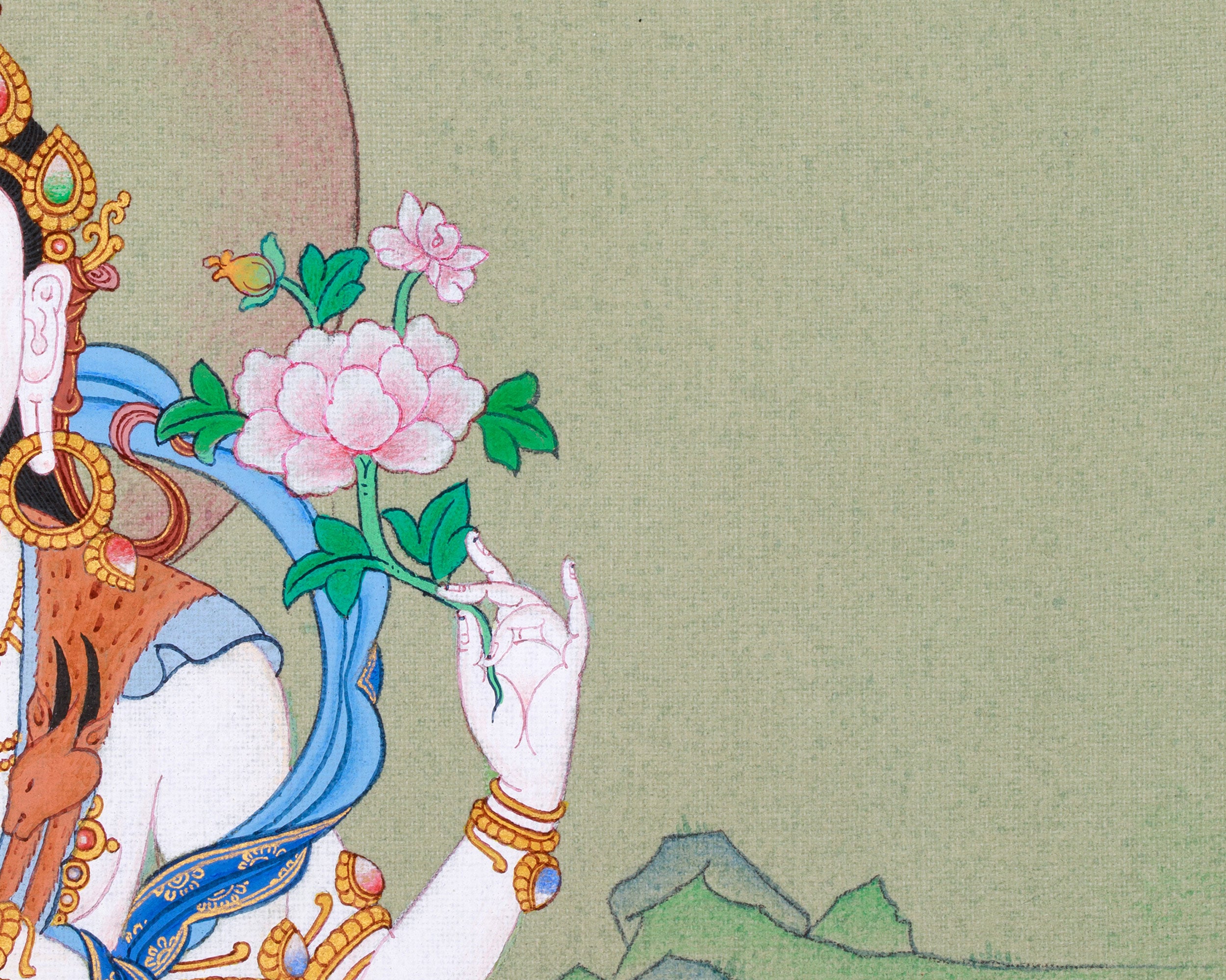 Small Hand-Painted Chenresig Thangka: Four Arm Bodhisattva | Compassion Deity