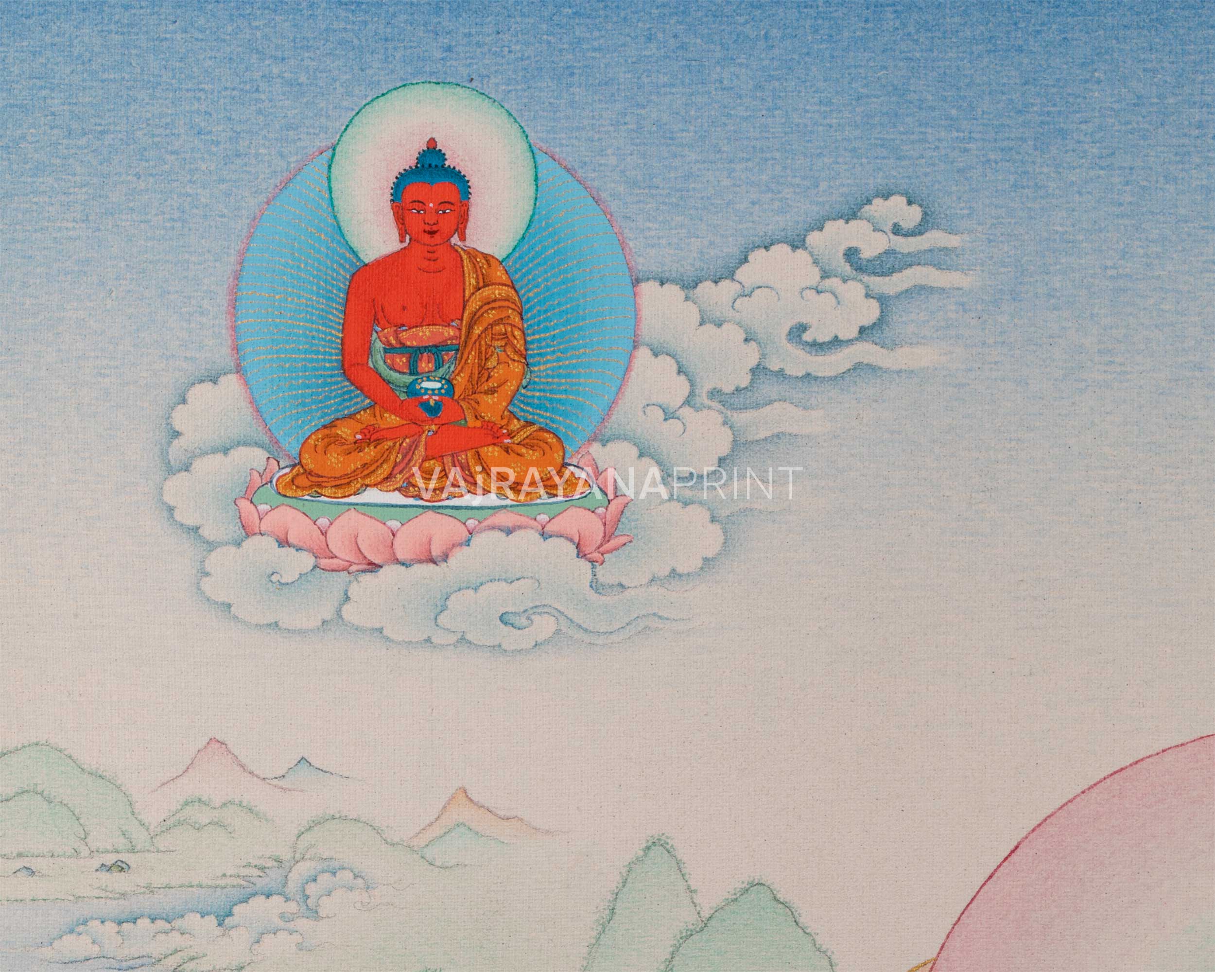 4 Armed Avalokiteshvara Thangka Print | Chenrezig With Buddha Amitabha