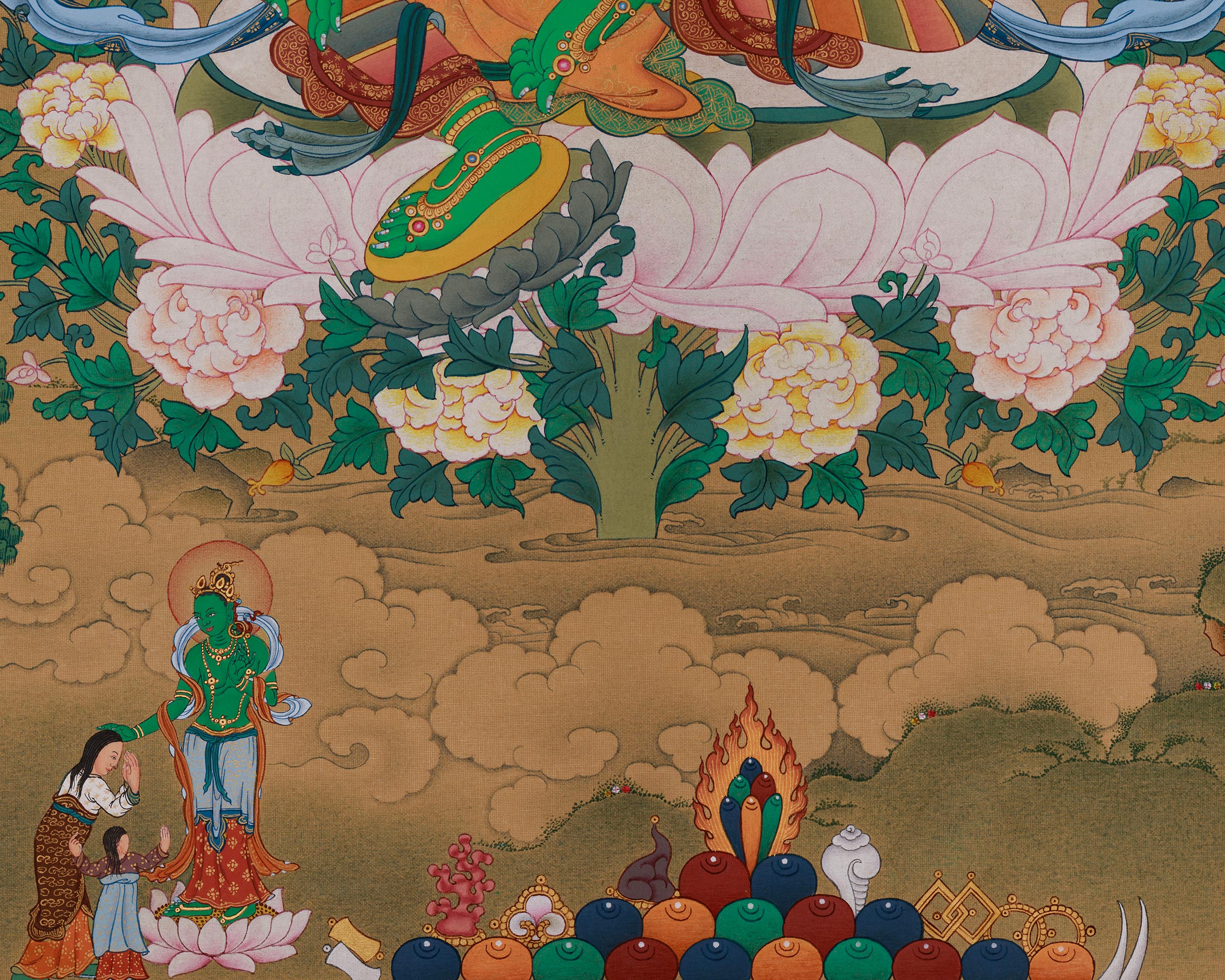 Divine Thangka of Green Tara with Amitabha Buddha | Goddess of Compassion